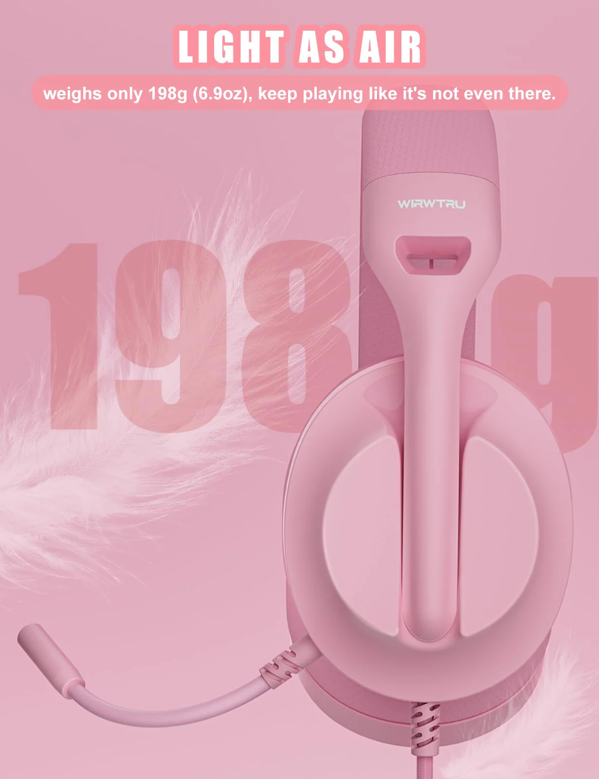 WIRWTRU S30 Gaming Headset with Microphone,198g Lightweight Design, Wired Gaming Headphones for Xbox, Xbox Series X|S, PS5, PS4, Switch, PC, Noise Cancelling Mic, Soft Earmuffs (Pink) Pink - Image 2