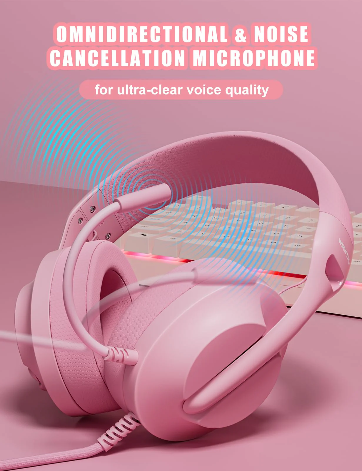 WIRWTRU S30 Gaming Headset with Microphone,198g Lightweight Design, Wired Gaming Headphones for Xbox, Xbox Series X|S, PS5, PS4, Switch, PC, Noise Cancelling Mic, Soft Earmuffs (Pink) Pink - Image 4