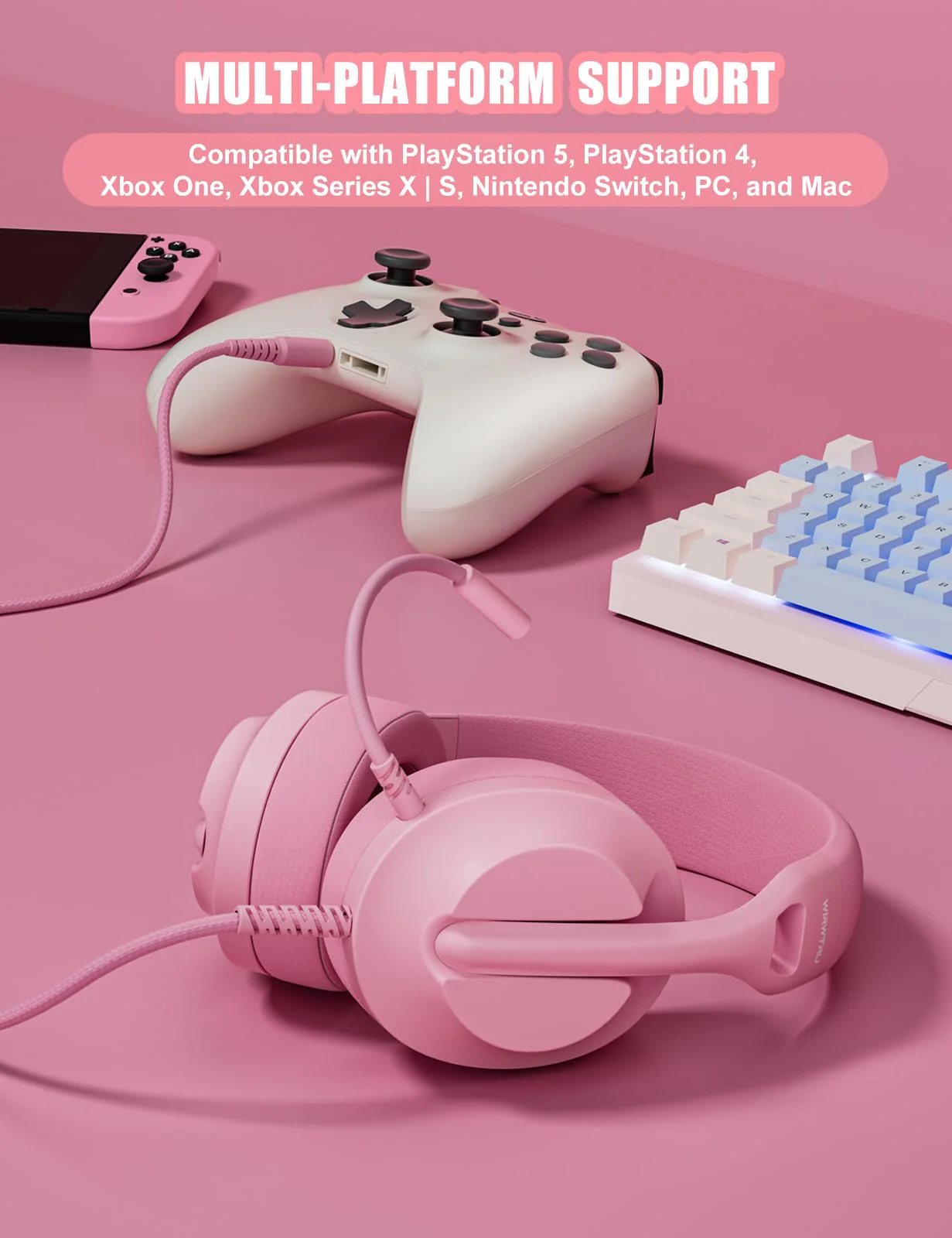 WIRWTRU S30 Gaming Headset with Microphone,198g Lightweight Design, Wired Gaming Headphones for Xbox, Xbox Series X|S, PS5, PS4, Switch, PC, Noise Cancelling Mic, Soft Earmuffs (Pink) Pink - Image 6