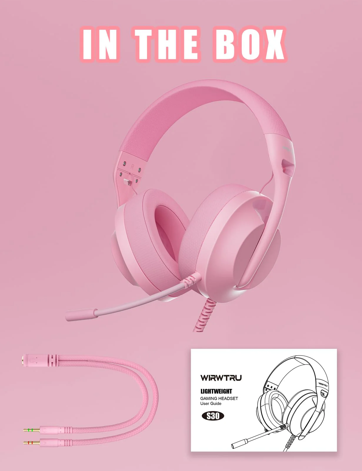 WIRWTRU S30 Gaming Headset with Microphone,198g Lightweight Design, Wired Gaming Headphones for Xbox, Xbox Series X|S, PS5, PS4, Switch, PC, Noise Cancelling Mic, Soft Earmuffs (Pink) Pink - Image 7