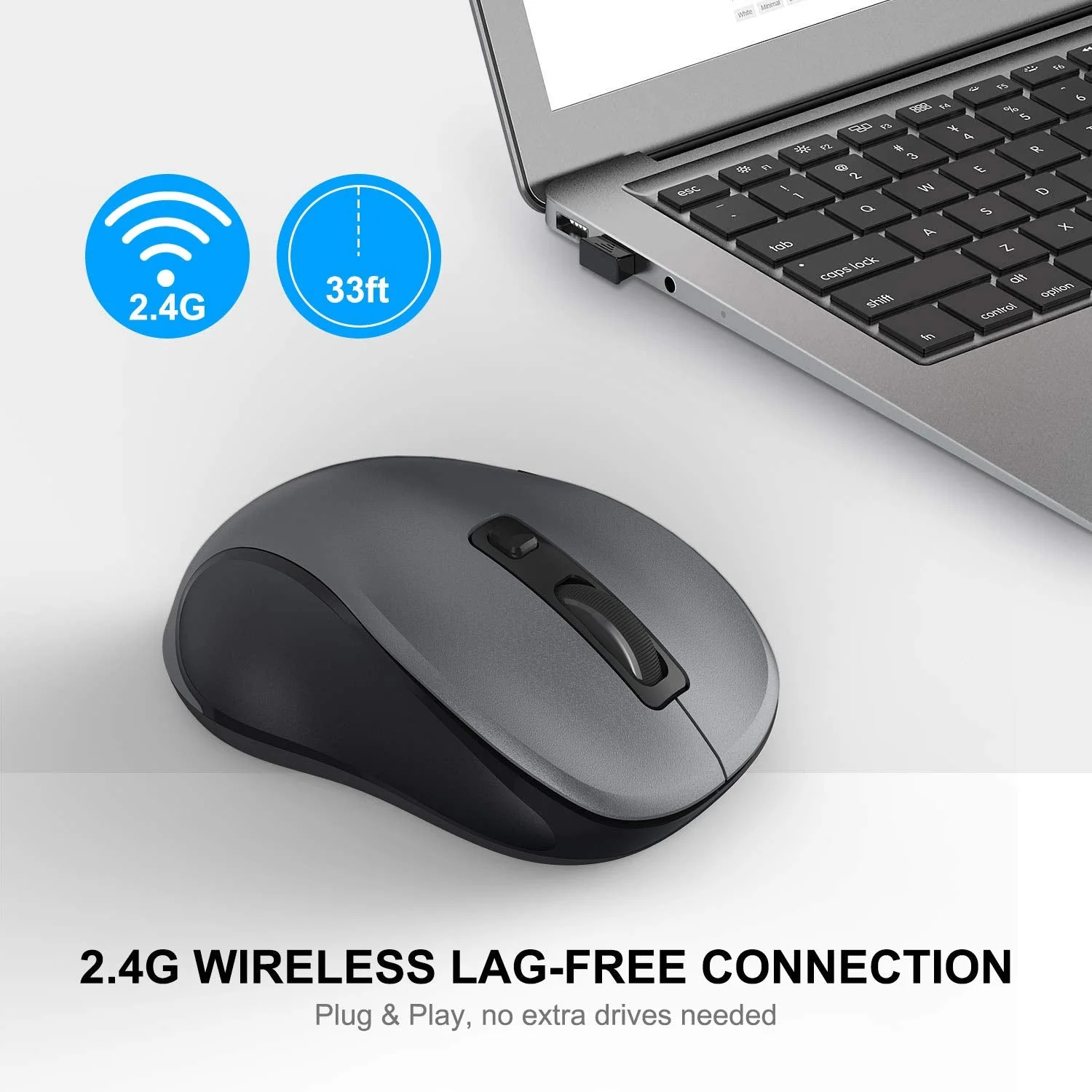 WisFox 2.4G Wireless Mouse for Laptop, Ergonomic Computer Mouse with USB Receiver and 3 Adjustable Levels, 6 Button Cordless Mouse Wireless Mice for Windows Mac PC Notebook (Grey) Gray - Image 2