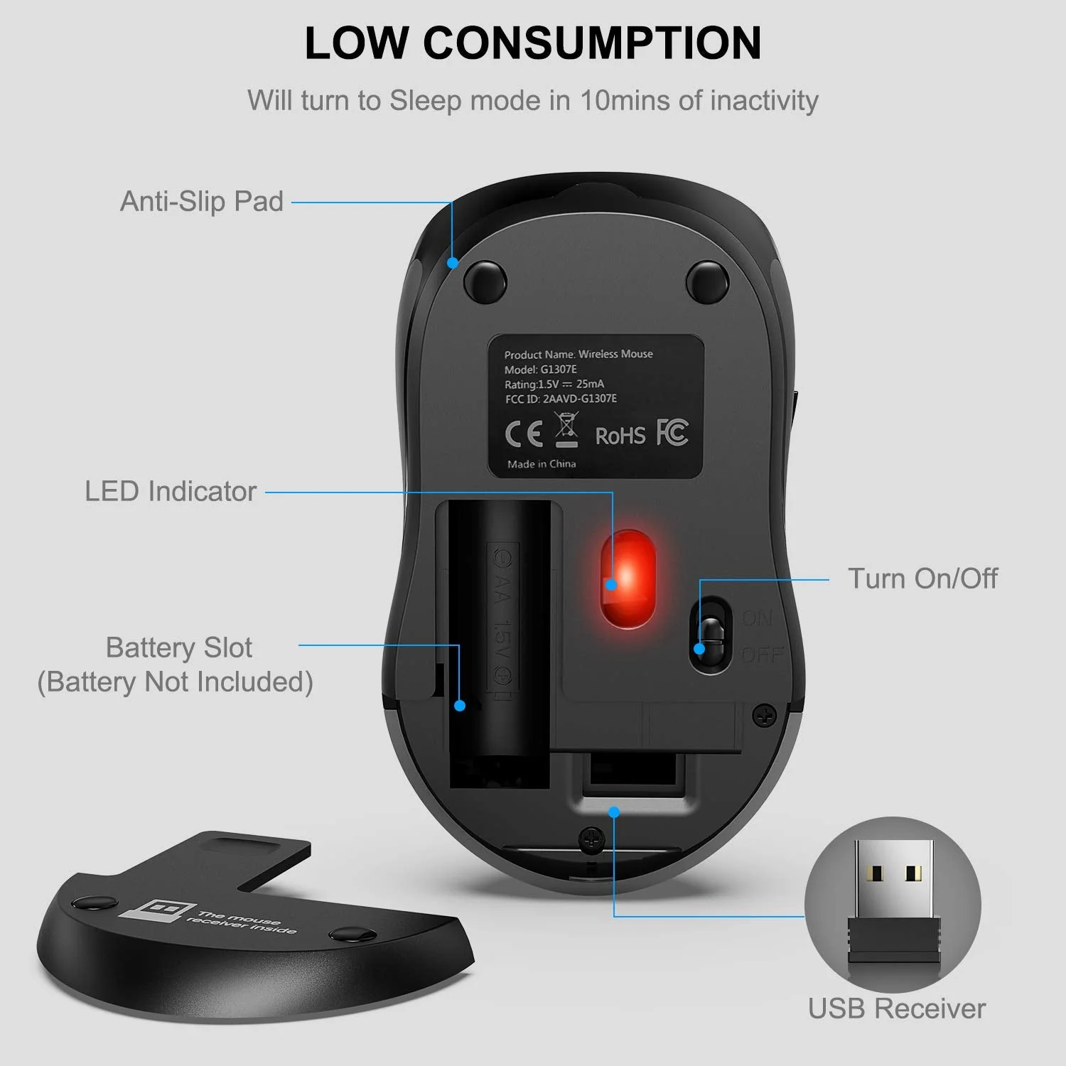 WisFox 2.4G Wireless Mouse for Laptop, Ergonomic Computer Mouse with USB Receiver and 3 Adjustable Levels, 6 Button Cordless Mouse Wireless Mice for Windows Mac PC Notebook (Grey) Gray - Image 6
