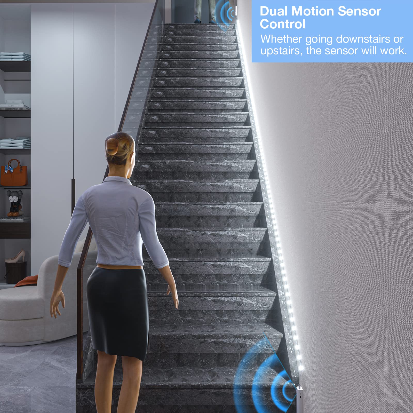 WOBANE Dual Motion Sensor Stair Lights Strip, Rechargeable 16.4ft LED Strip Lighting,150 LEDs Cuttable Tape Light for Hallway,Under Cabinet,Cupboard,Shelves,Gun Safe,Flexible,6000K White 16.4ft White - Image 2