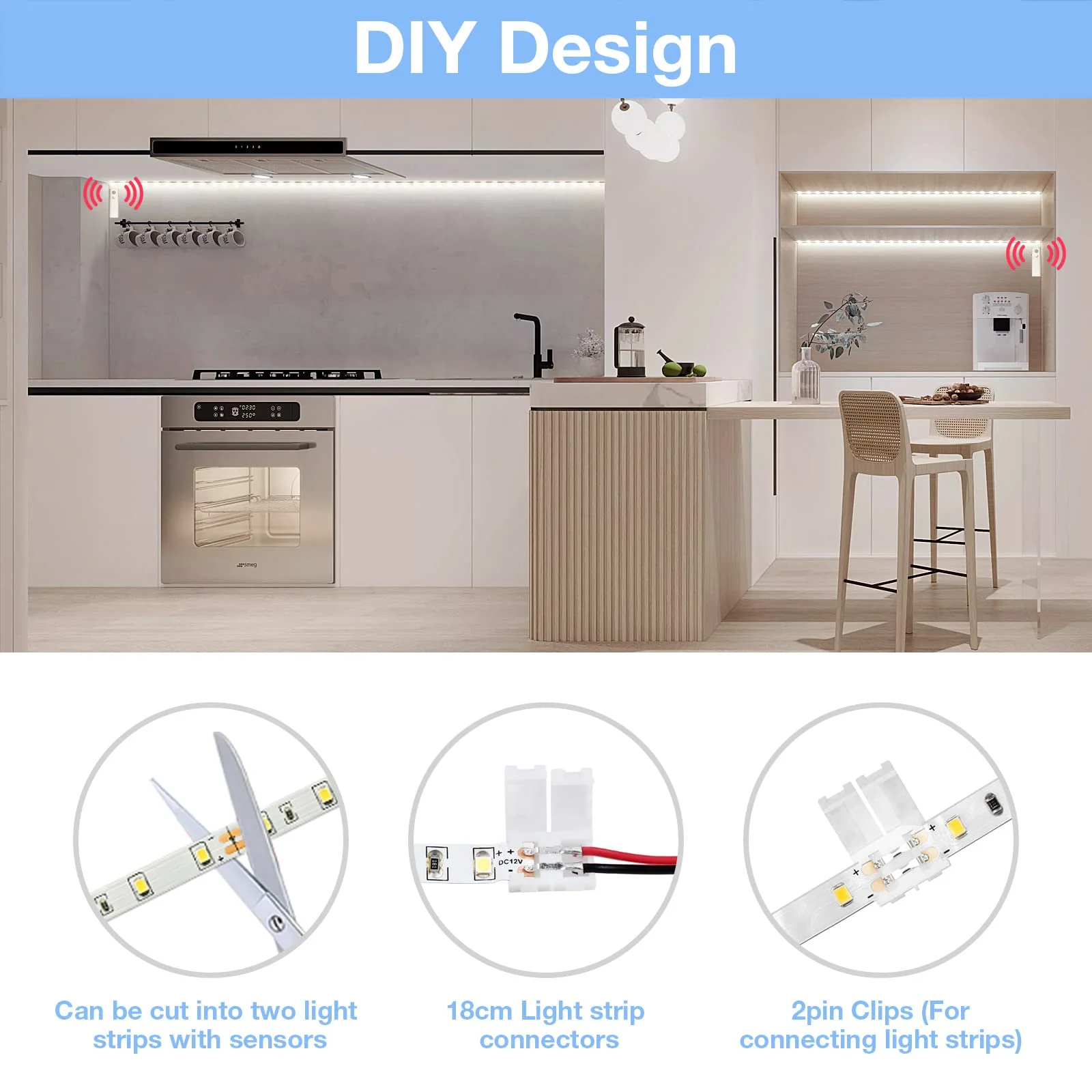 WOBANE Dual Motion Sensor Stair Lights Strip, Rechargeable 16.4ft LED Strip Lighting,150 LEDs Cuttable Tape Light for Hallway,Under Cabinet,Cupboard,Shelves,Gun Safe,Flexible,6000K White 16.4ft White - Image 3