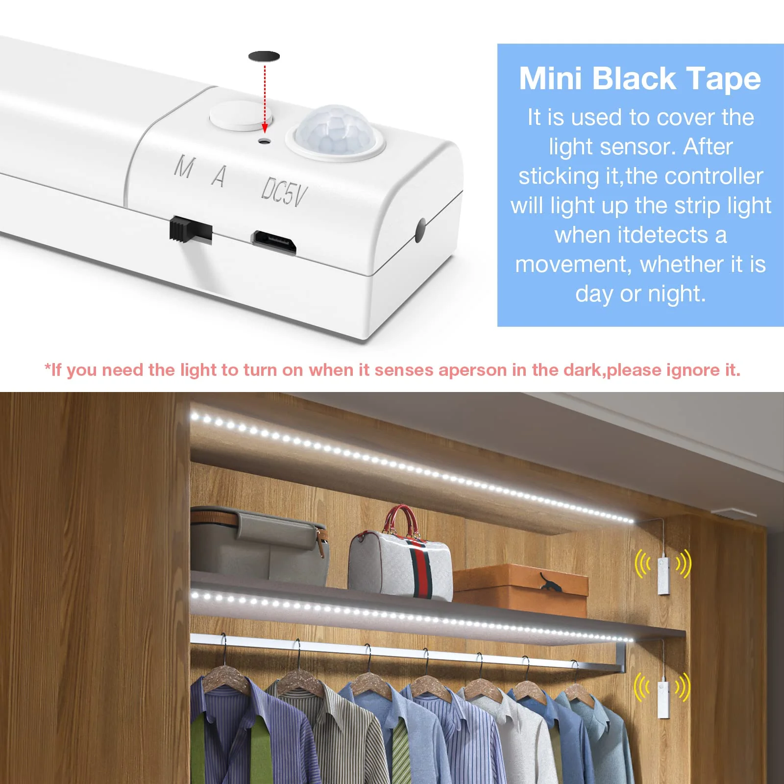 WOBANE Dual Motion Sensor Stair Lights Strip, Rechargeable 16.4ft LED Strip Lighting,150 LEDs Cuttable Tape Light for Hallway,Under Cabinet,Cupboard,Shelves,Gun Safe,Flexible,6000K White 16.4ft White - Image 4