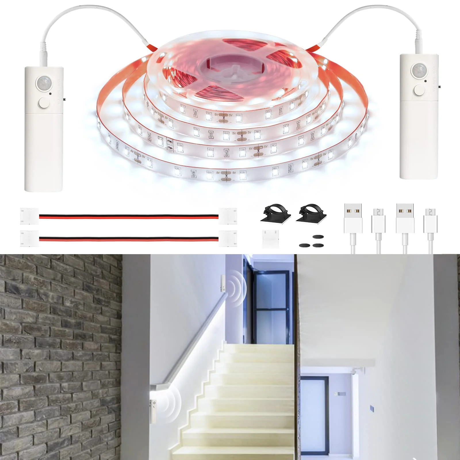 WOBANE Dual Motion Sensor Stair Lights Strip, Rechargeable 16.4ft LED Strip Lighting,150 LEDs Cuttable Tape Light for Hallway,Under Cabinet,Cupboard,Shelves,Gun Safe,Flexible,6000K White 16.4ft White - Image 7