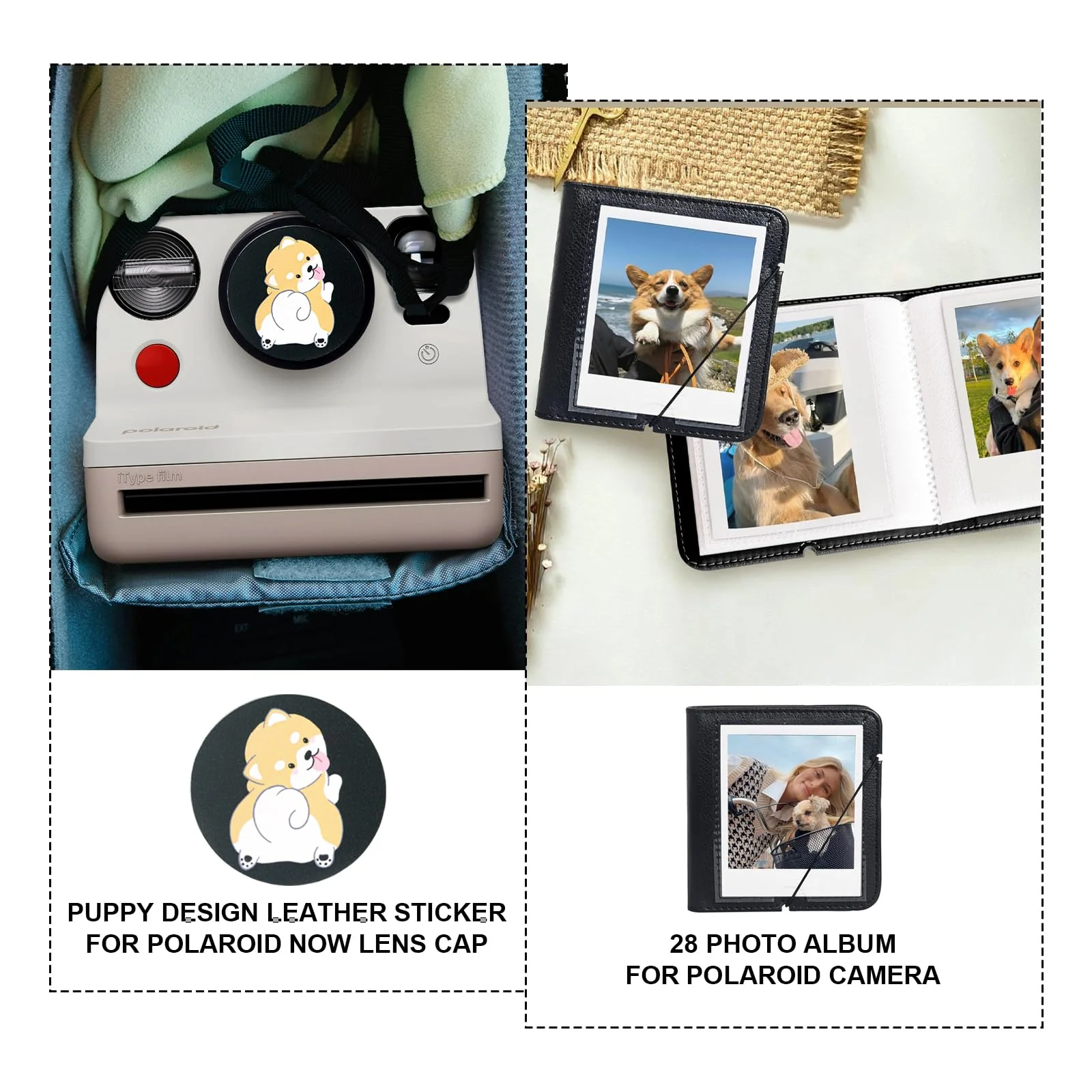 WOGOZAN Camera Case Kit for Polaroid Now 2nd/3rd, Now+ Gen 2/3rd, I-Type, OneStep, FILP, Instant Camera, Protective Case with Lens Cap and Lens Cover Sticker, 28 Photo Album (Black) (No Camera) Black - Image 6