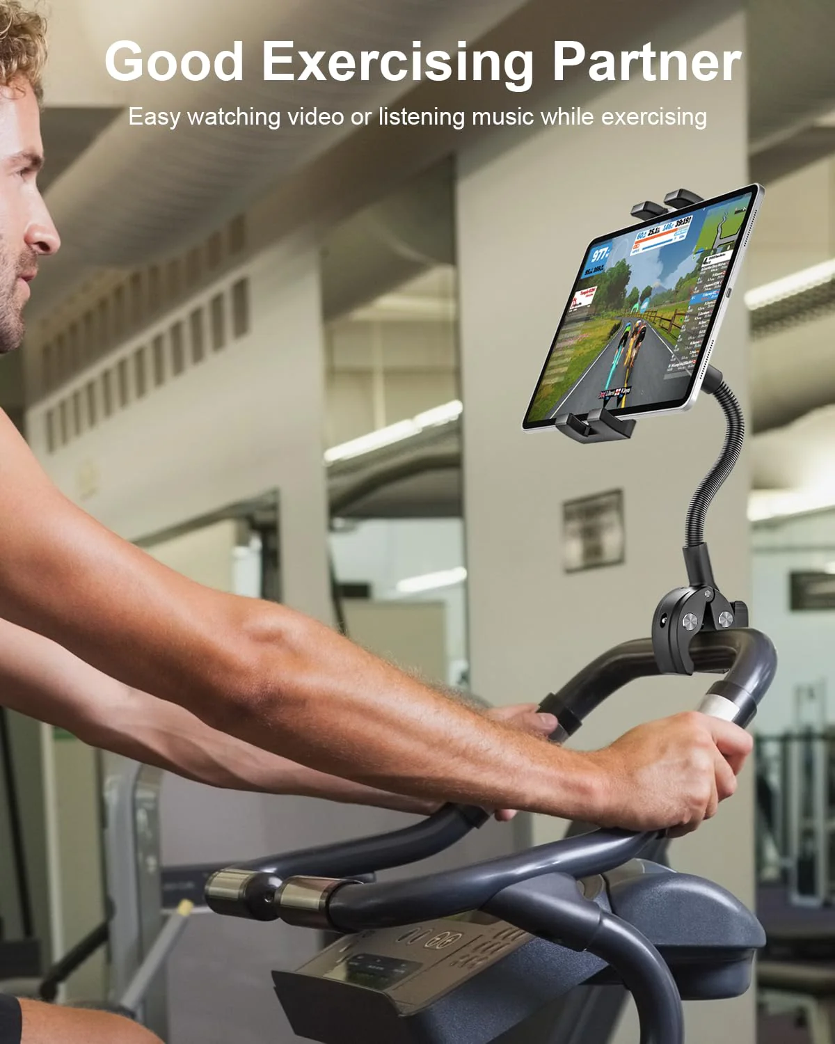 woleyi Gooseneck Treadmill Tablet Holder, Exercise Bike Handlebar Clamp for Spin Bike Peloton, Indoor Stationary Bicycle, Elliptical, Stroller for 4.7-13" iPad Pro Air Mini, Phone, Galaxy, Fire, Ebook - Image 2