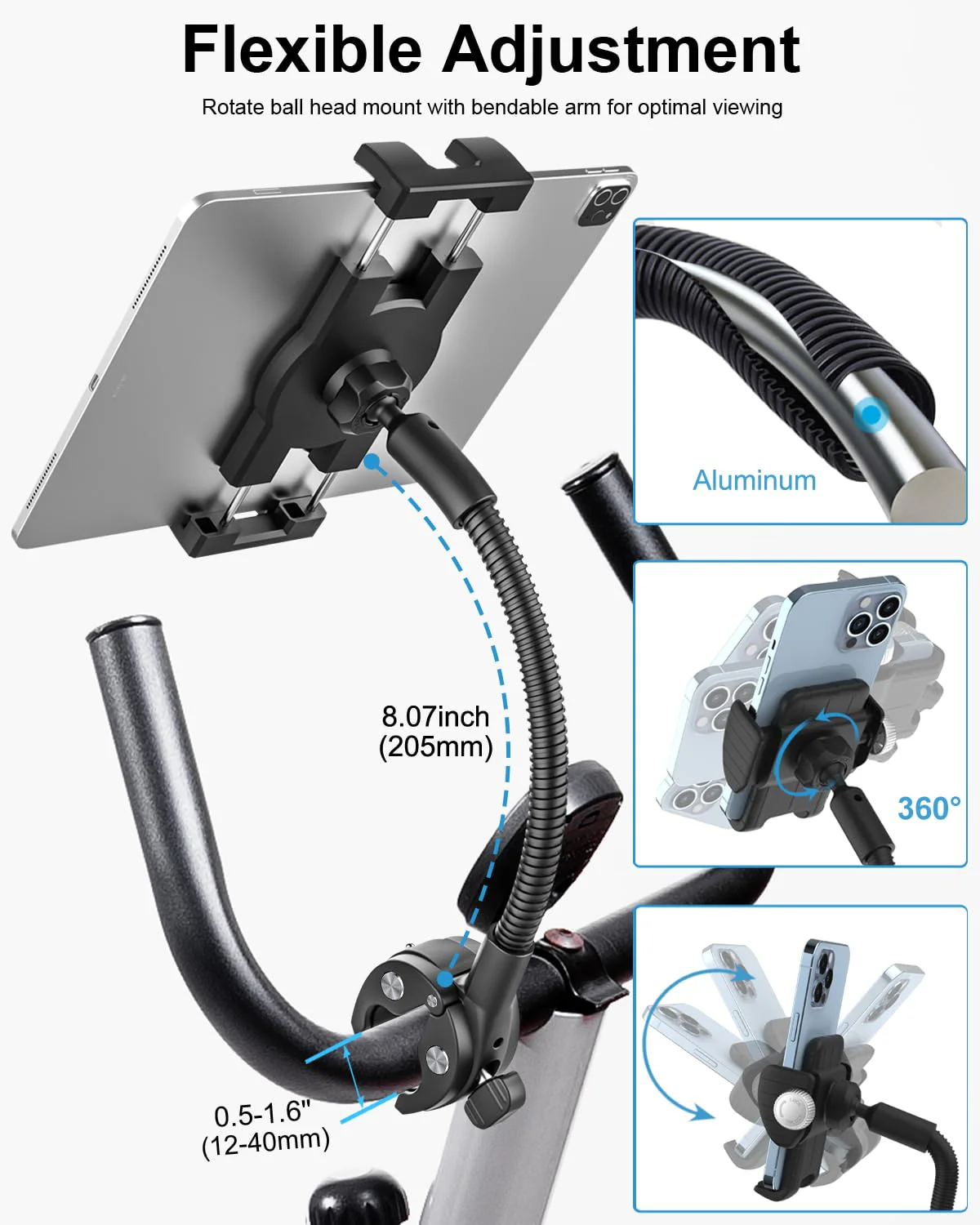 woleyi Gooseneck Treadmill Tablet Holder, Exercise Bike Handlebar Clamp for Spin Bike Peloton, Indoor Stationary Bicycle, Elliptical, Stroller for 4.7-13" iPad Pro Air Mini, Phone, Galaxy, Fire, Ebook - Image 3