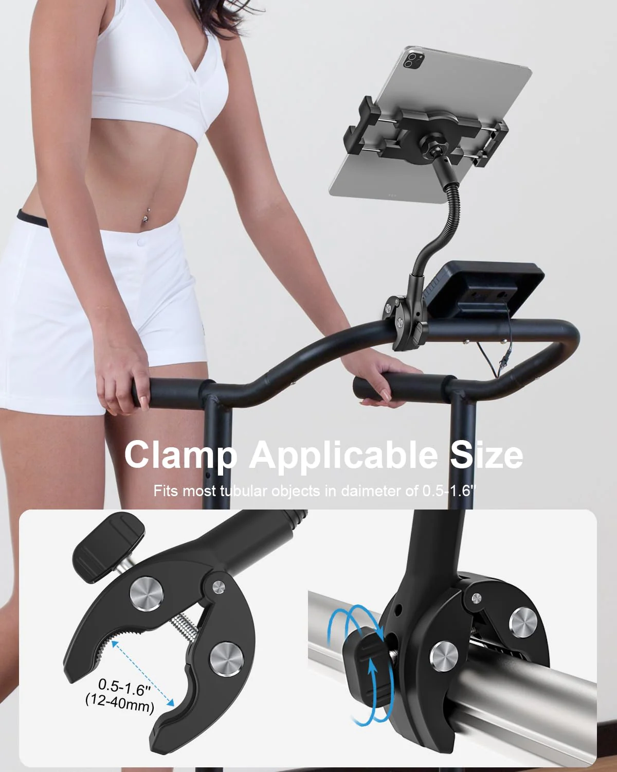 woleyi Gooseneck Treadmill Tablet Holder, Exercise Bike Handlebar Clamp for Spin Bike Peloton, Indoor Stationary Bicycle, Elliptical, Stroller for 4.7-13" iPad Pro Air Mini, Phone, Galaxy, Fire, Ebook - Image 5
