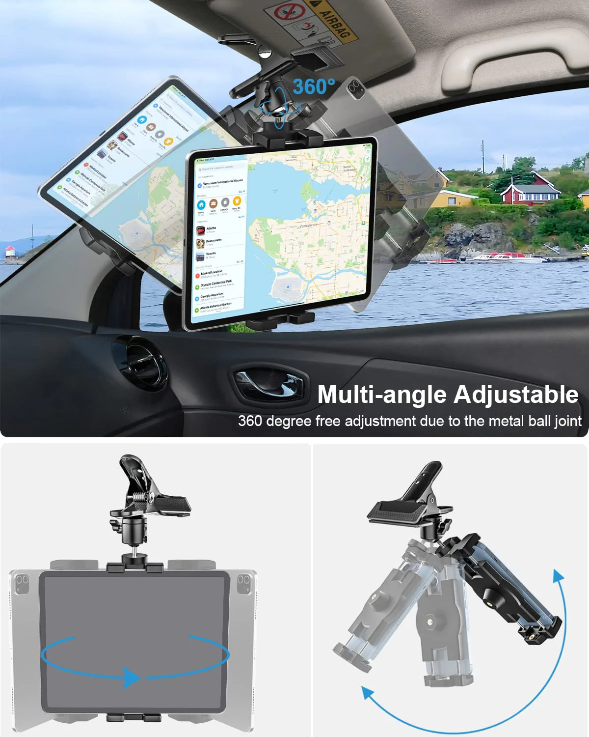 woleyi Sun Visor Car Tablet Holder, Visor Clip Tablet Mount for Car, 360° Rotation Universal Steering Wheel Tablet Clamp with 1/4'' Screw for iPad Pro Air Mini, Phone, Switch, 4.7-13" Devices/Camera - Image 4
