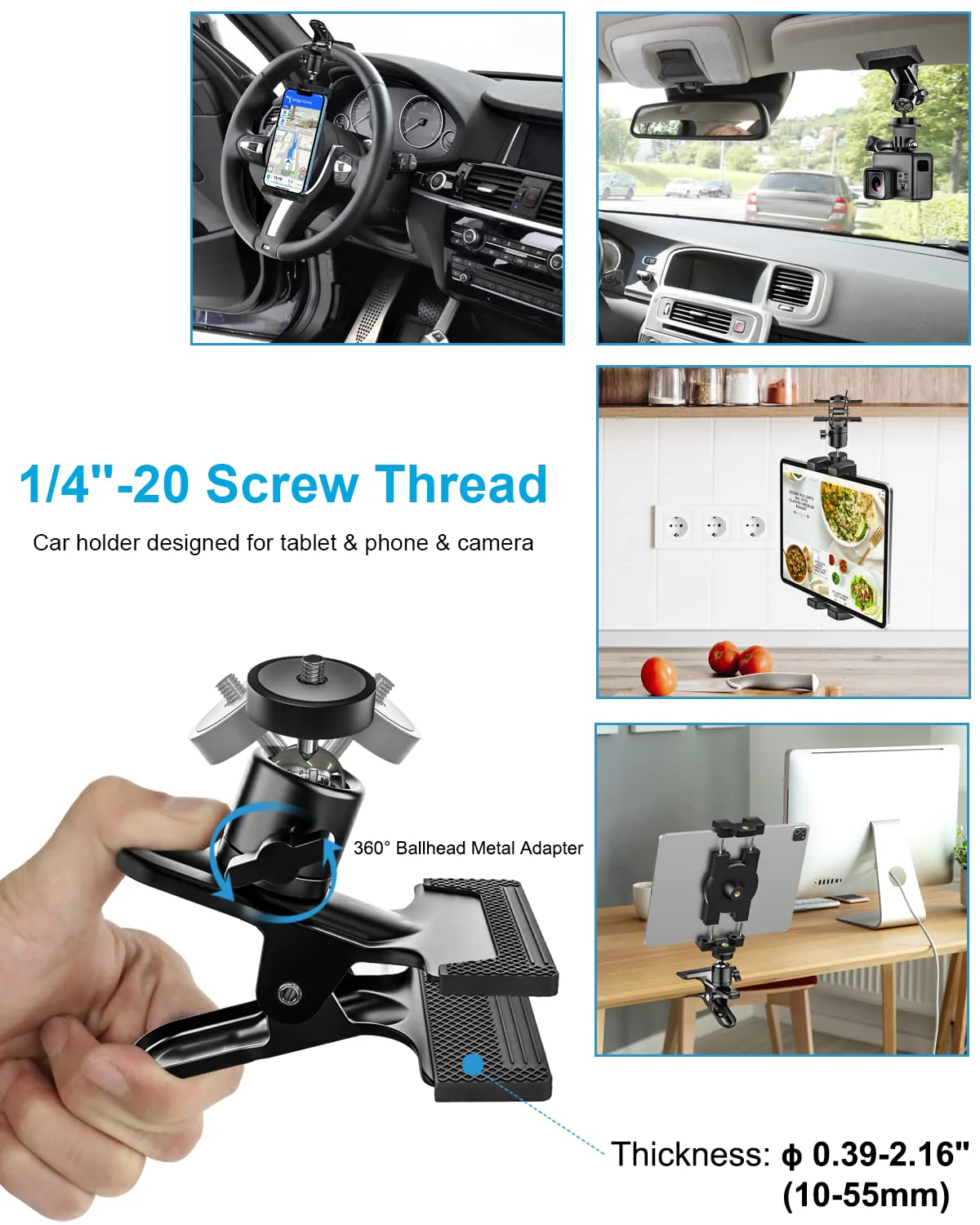 woleyi Sun Visor Car Tablet Holder, Visor Clip Tablet Mount for Car, 360° Rotation Universal Steering Wheel Tablet Clamp with 1/4'' Screw for iPad Pro Air Mini, Phone, Switch, 4.7-13" Devices/Camera - Image 5