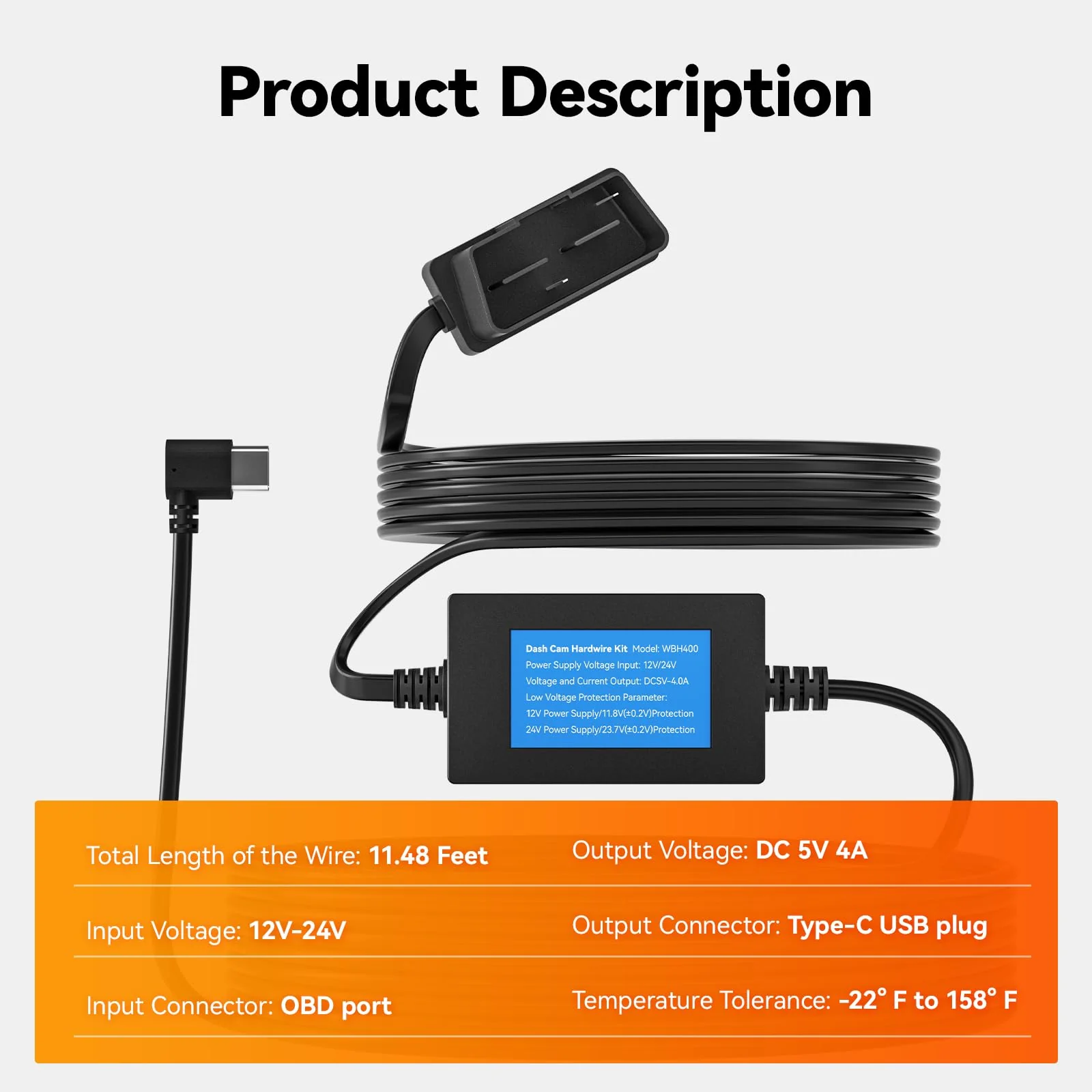 WOLFBOX USB C 4A OBD Hardwire Kit 11.48ft for All WOLFBOX Dash Cams, Converting 12V-24V to 5V, with Battery Drain Protection - Image 2