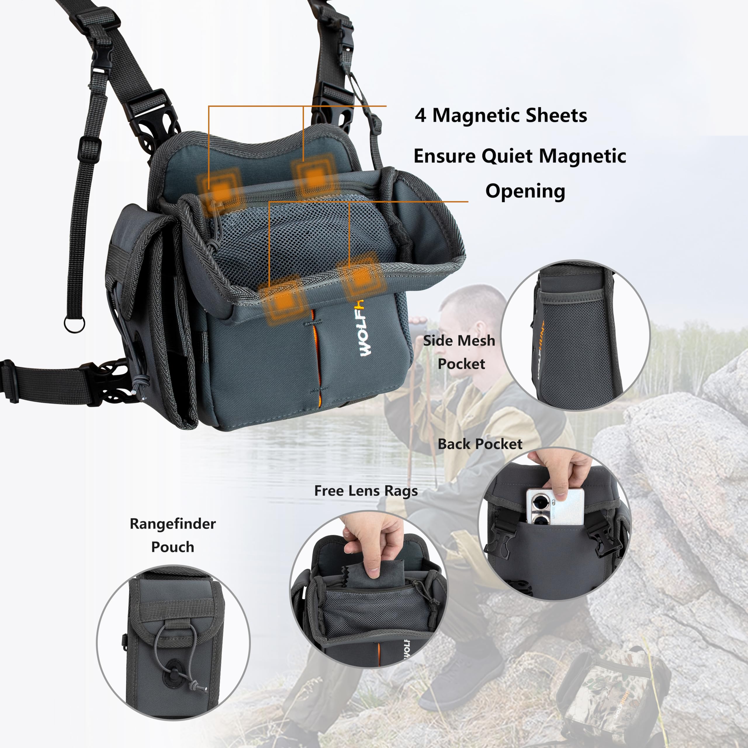 WOLFHUNT Binocular Harness Chest Pack Magnetic Closure, Bino Case with Detachable Rangefinder Pouch, Camouflage Bino Bag with Adjustable Strap for Hunting, Field Observation Gray Medium - Image 4