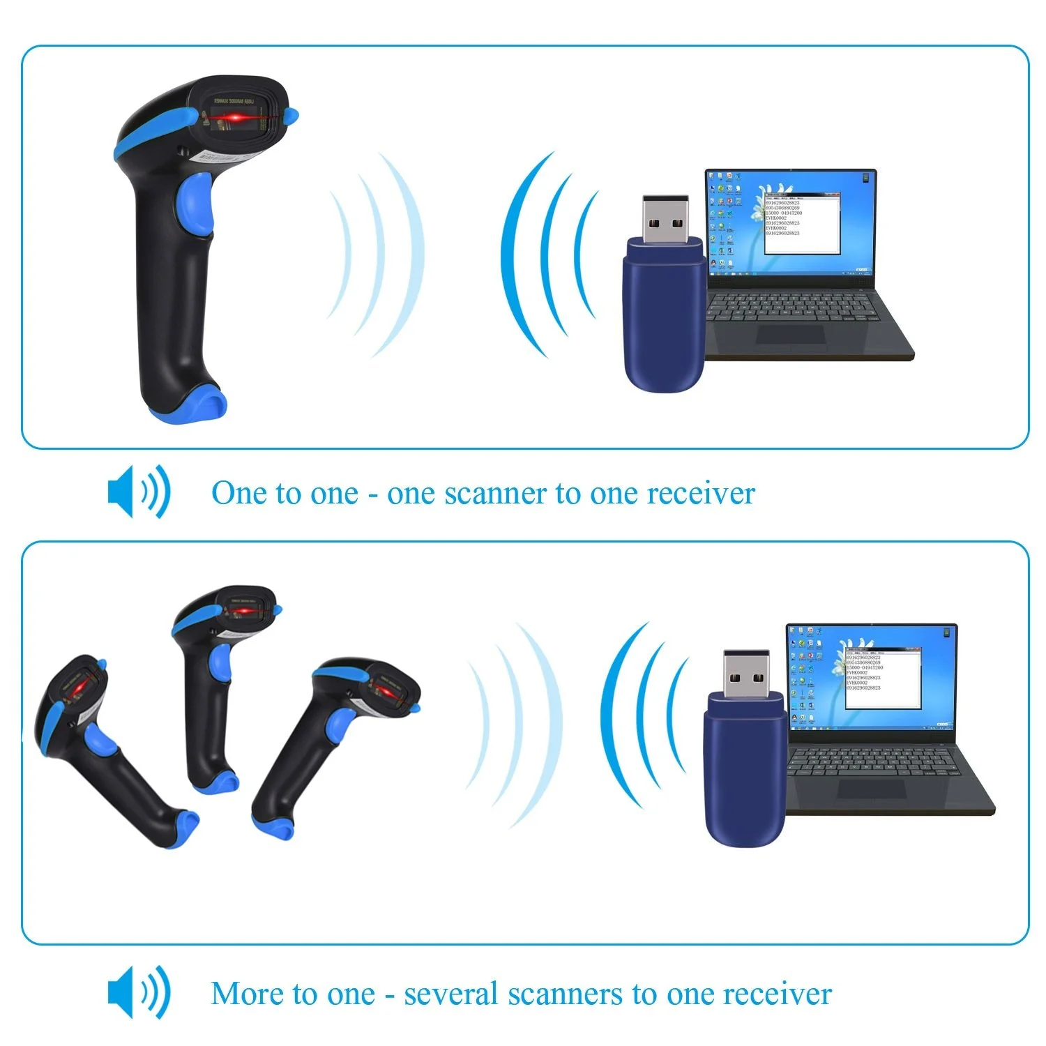 WoneNice 2.4G Wireless Barcode Scanner – 1D Handheld Cordless Barcode Reader for Retail, Warehouse, Inventory – 100ft Range, Plug & Play – Compatible with Windows, Linux, POS (Blue) Blue - Image 2