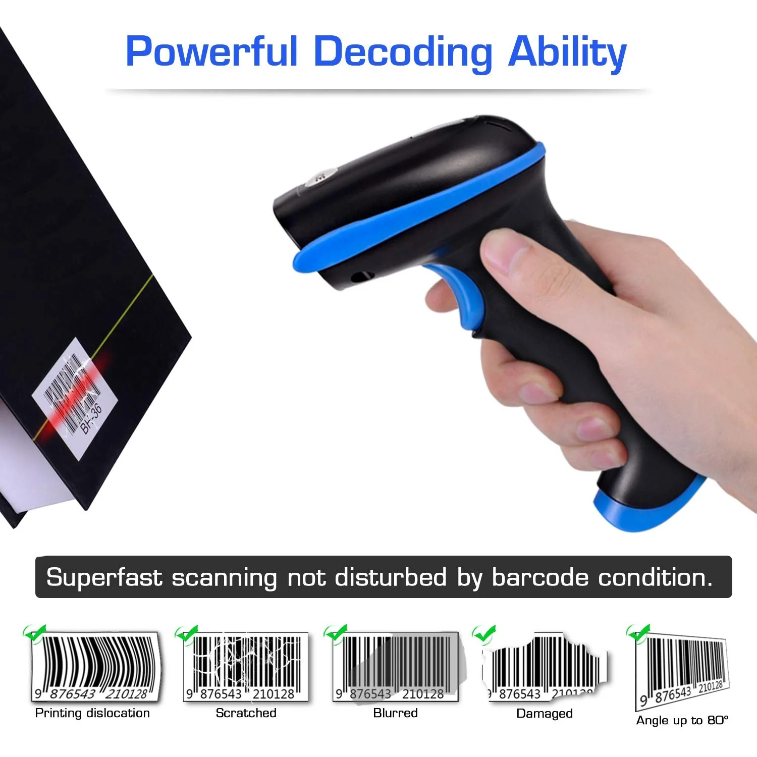 WoneNice 2.4G Wireless Barcode Scanner – 1D Handheld Cordless Barcode Reader for Retail, Warehouse, Inventory – 100ft Range, Plug & Play – Compatible with Windows, Linux, POS (Blue) Blue - Image 8