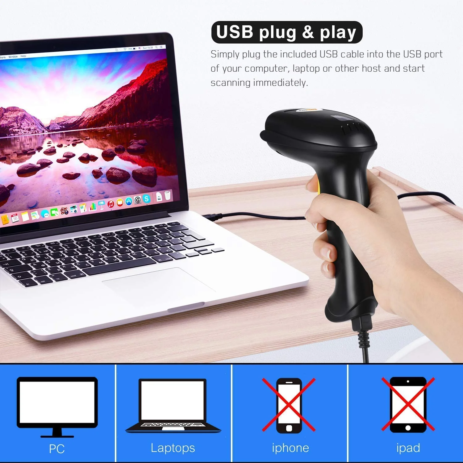 WoneNice Barcode Scanner USB Laser Wired Handheld Bar Code Scanner Reader with Stand, Black - Image 2
