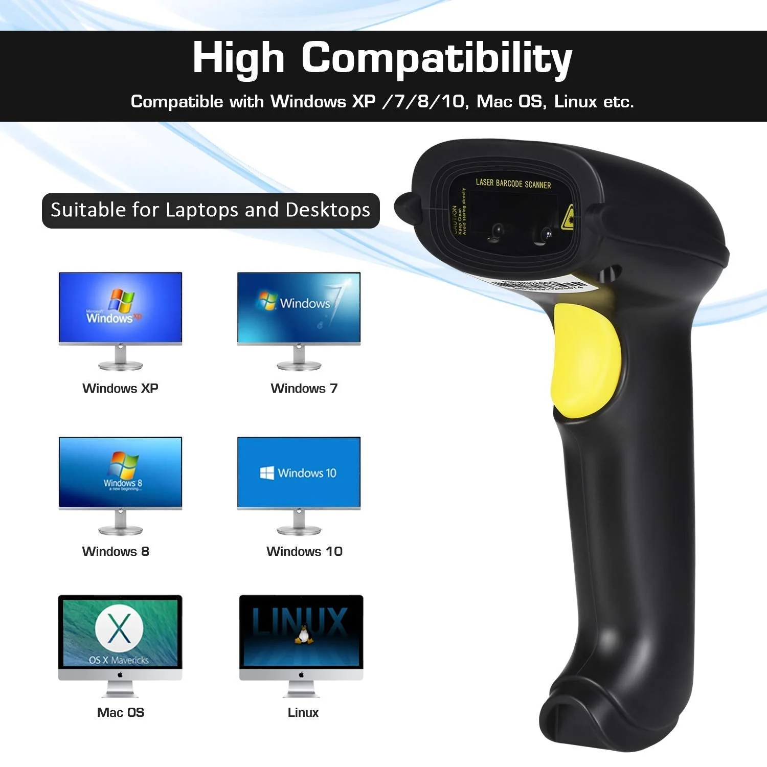 WoneNice Barcode Scanner USB Laser Wired Handheld Bar Code Scanner Reader with Stand, Black - Image 3