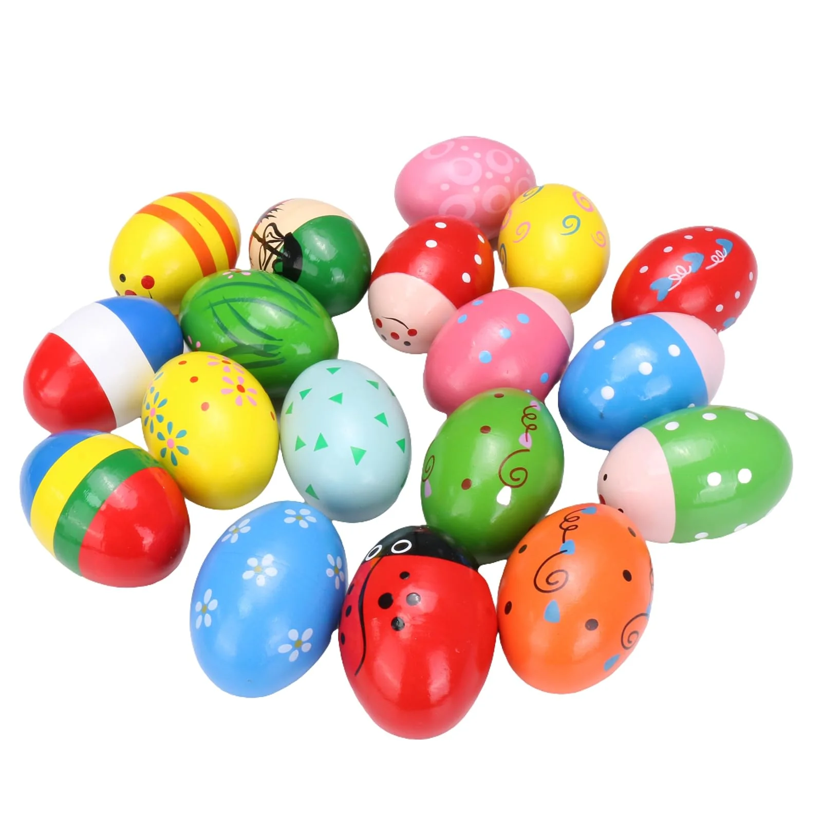 Wooden Colorful egg shaker for children's Hand Percussion Shakers instruments pieces random patterns Easter Halloween props (Multicolour 18 PCS) Multicolour 18 Pcs - Image 2