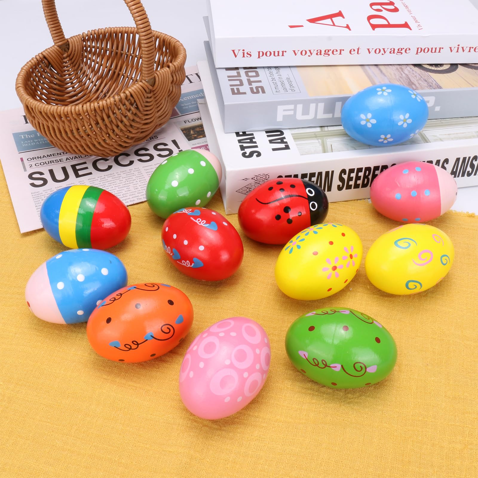 Wooden Colorful egg shaker for children's Hand Percussion Shakers instruments pieces random patterns Easter Halloween props (Multicolour 18 PCS) Multicolour 18 Pcs - Image 4