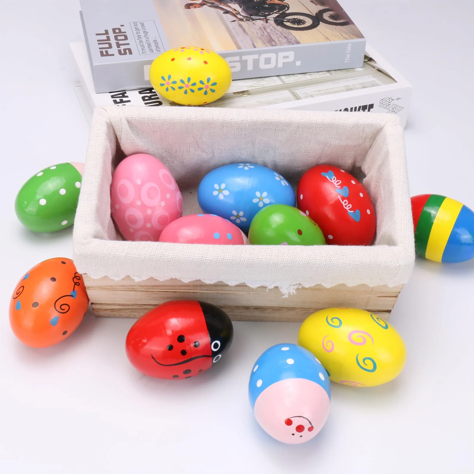 Wooden Colorful egg shaker for children's Hand Percussion Shakers instruments pieces random patterns Easter Halloween props (Multicolour 18 PCS) Multicolour 18 Pcs - Image 5