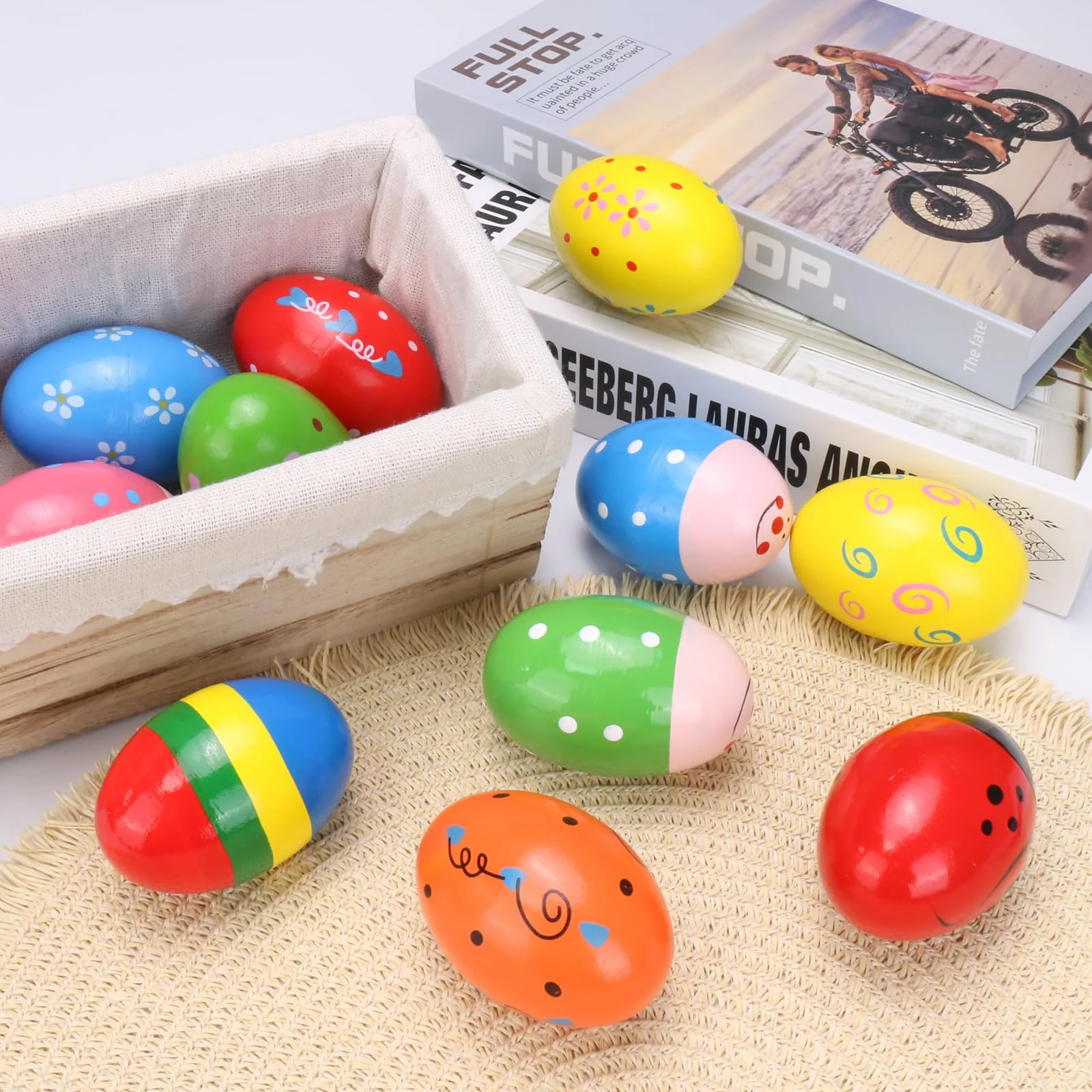 Wooden Colorful egg shaker for children's Hand Percussion Shakers instruments pieces random patterns Easter Halloween props (Multicolour 18 PCS) Multicolour 18 Pcs - Image 6
