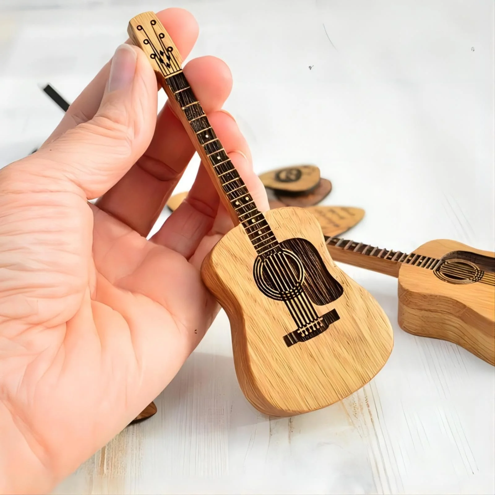 Wooden Guitar Pick Box with Stand,3PCS Unique Guitar Picks,Guitar Pick Holder Box,Musician Engraved Wooden Plectrum Case,Acoustic Guitar Box for Electric Bass Guitar Ukulele Lover - Image 2