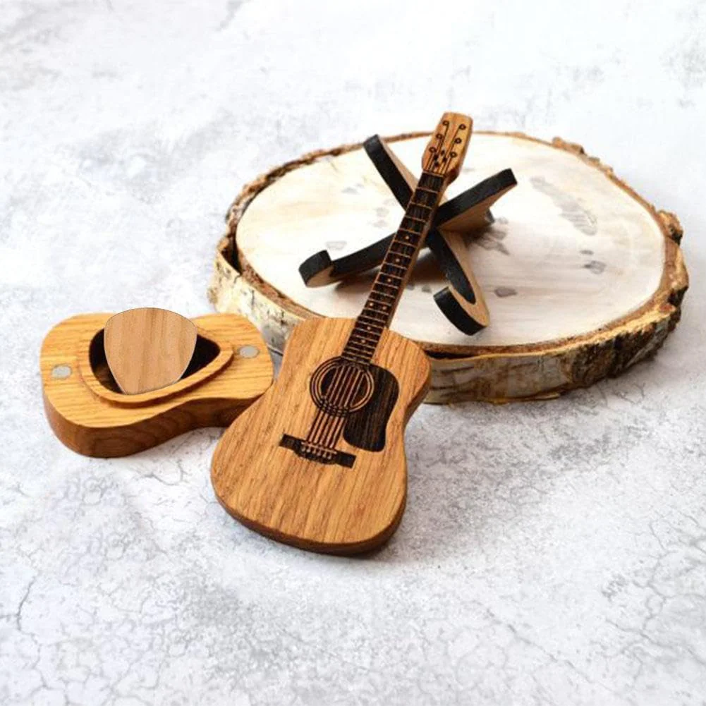 Wooden Guitar Pick Box with Stand,3PCS Unique Guitar Picks,Guitar Pick Holder Box,Musician Engraved Wooden Plectrum Case,Acoustic Guitar Box for Electric Bass Guitar Ukulele Lover - Image 4