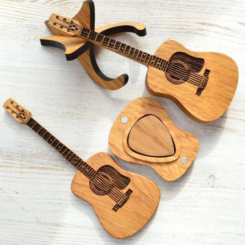 Wooden Guitar Pick Box with Stand,3PCS Unique Guitar Picks,Guitar Pick Holder Box,Musician Engraved Wooden Plectrum Case,Acoustic Guitar Box for Electric Bass Guitar Ukulele Lover - Image 5