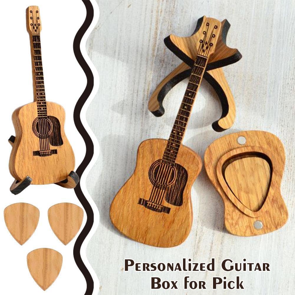 Wooden Guitar Pick Box with Stand,3PCS Unique Guitar Picks,Guitar Pick Holder Box,Musician Engraved Wooden Plectrum Case,Acoustic Guitar Box for Electric Bass Guitar Ukulele Lover - Image 6