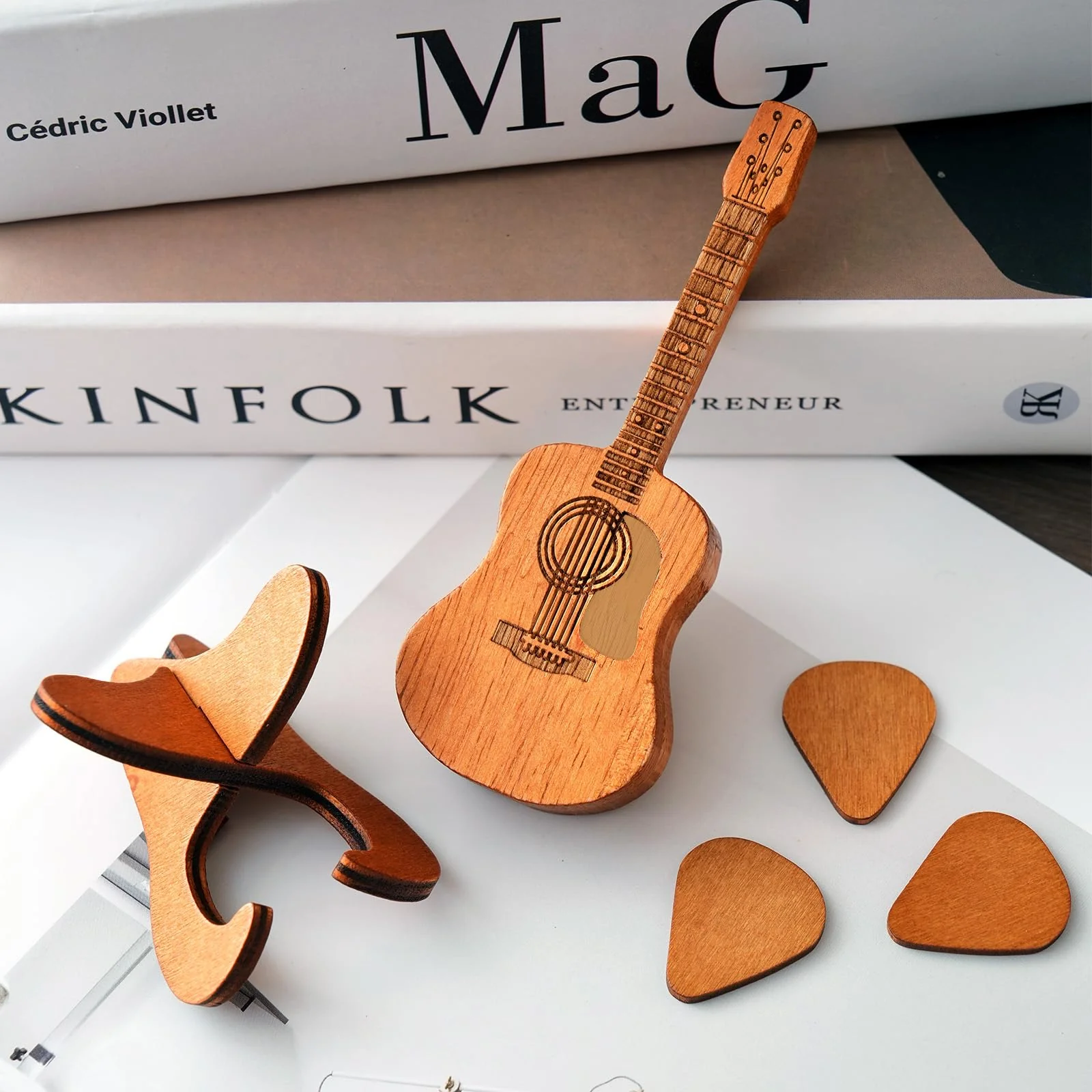 Wooden Guitar Pick Box with Stand,6PCS Unique Guitar Picks Guitar Pick Holder Box,Musician Engraved Wooden Plectrum Case,Acoustic Guitar Box for Electric Bass Guitar Ukulele Lover - Image 2