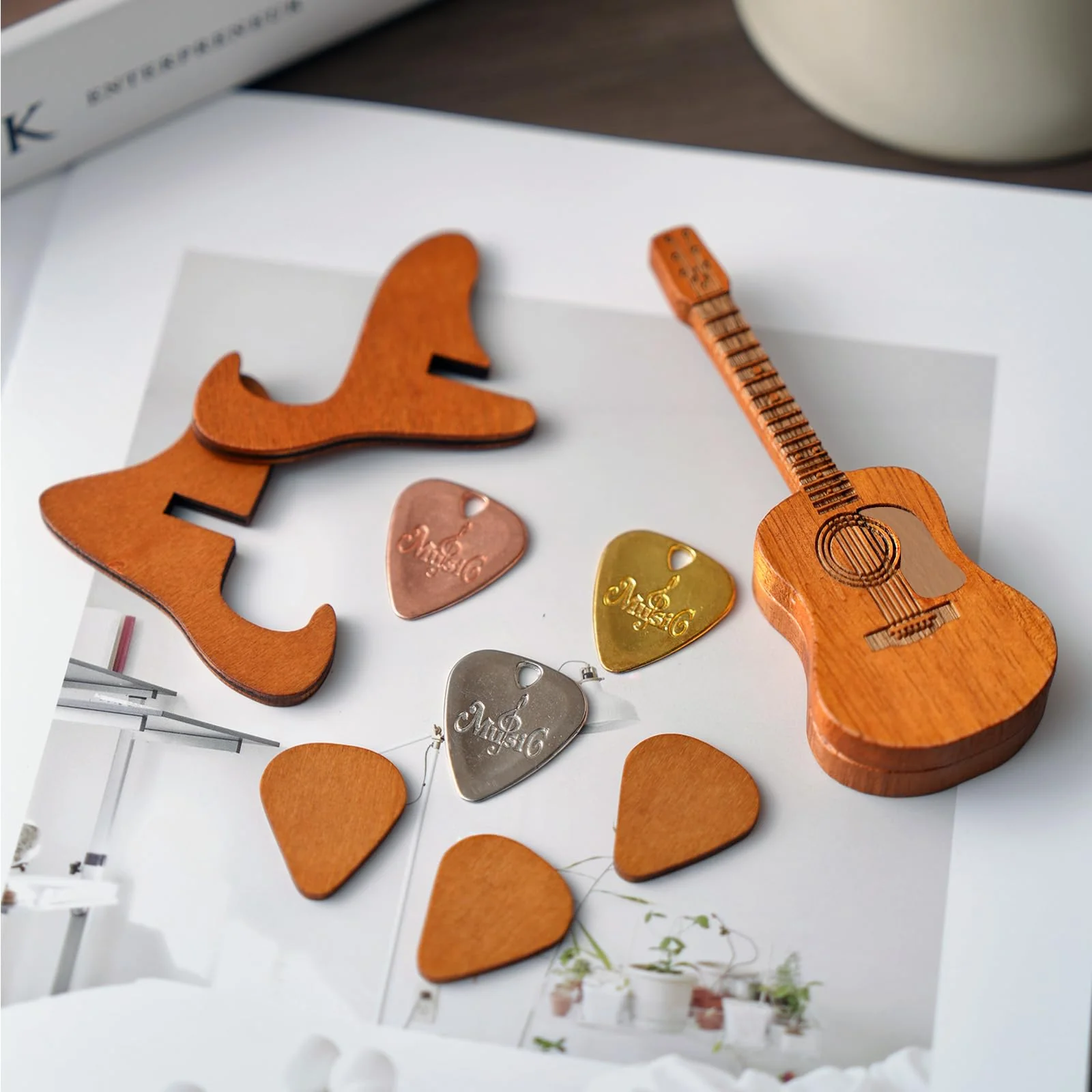 Wooden Guitar Pick Box with Stand,6PCS Unique Guitar Picks Guitar Pick Holder Box,Musician Engraved Wooden Plectrum Case,Acoustic Guitar Box for Electric Bass Guitar Ukulele Lover - Image 3
