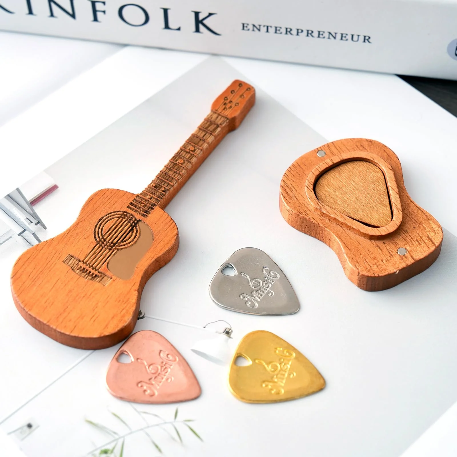 Wooden Guitar Pick Box with Stand,6PCS Unique Guitar Picks Guitar Pick Holder Box,Musician Engraved Wooden Plectrum Case,Acoustic Guitar Box for Electric Bass Guitar Ukulele Lover - Image 4