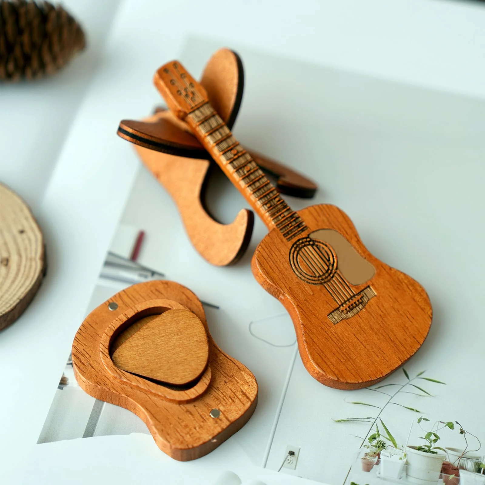 Wooden Guitar Pick Box with Stand,6PCS Unique Guitar Picks Guitar Pick Holder Box,Musician Engraved Wooden Plectrum Case,Acoustic Guitar Box for Electric Bass Guitar Ukulele Lover - Image 5