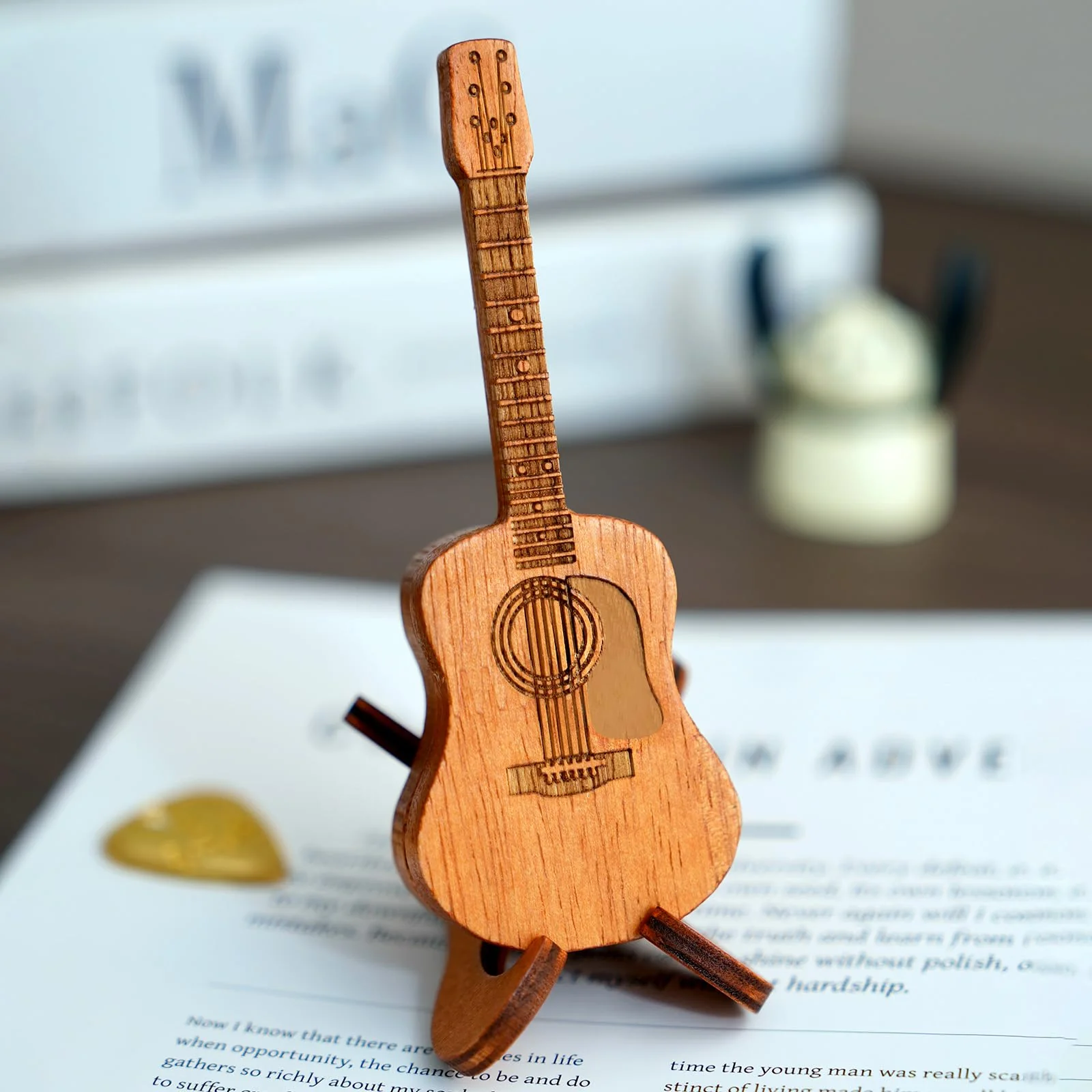 Wooden Guitar Pick Box with Stand,6PCS Unique Guitar Picks Guitar Pick Holder Box,Musician Engraved Wooden Plectrum Case,Acoustic Guitar Box for Electric Bass Guitar Ukulele Lover - Image 7