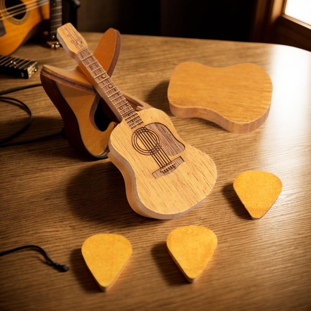 Wooden guitar pick case, with stand, wooden acoustic guitar pick box，3 wooden guitar picks, guitar shape replica guitar pick case, suitable for bass guitar ukulele lovers guitar pick case. - Image 2