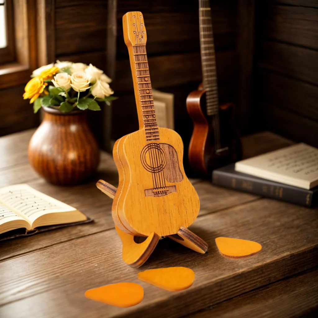 Wooden guitar pick case, with stand, wooden acoustic guitar pick box，3 wooden guitar picks, guitar shape replica guitar pick case, suitable for bass guitar ukulele lovers guitar pick case. - Image 3