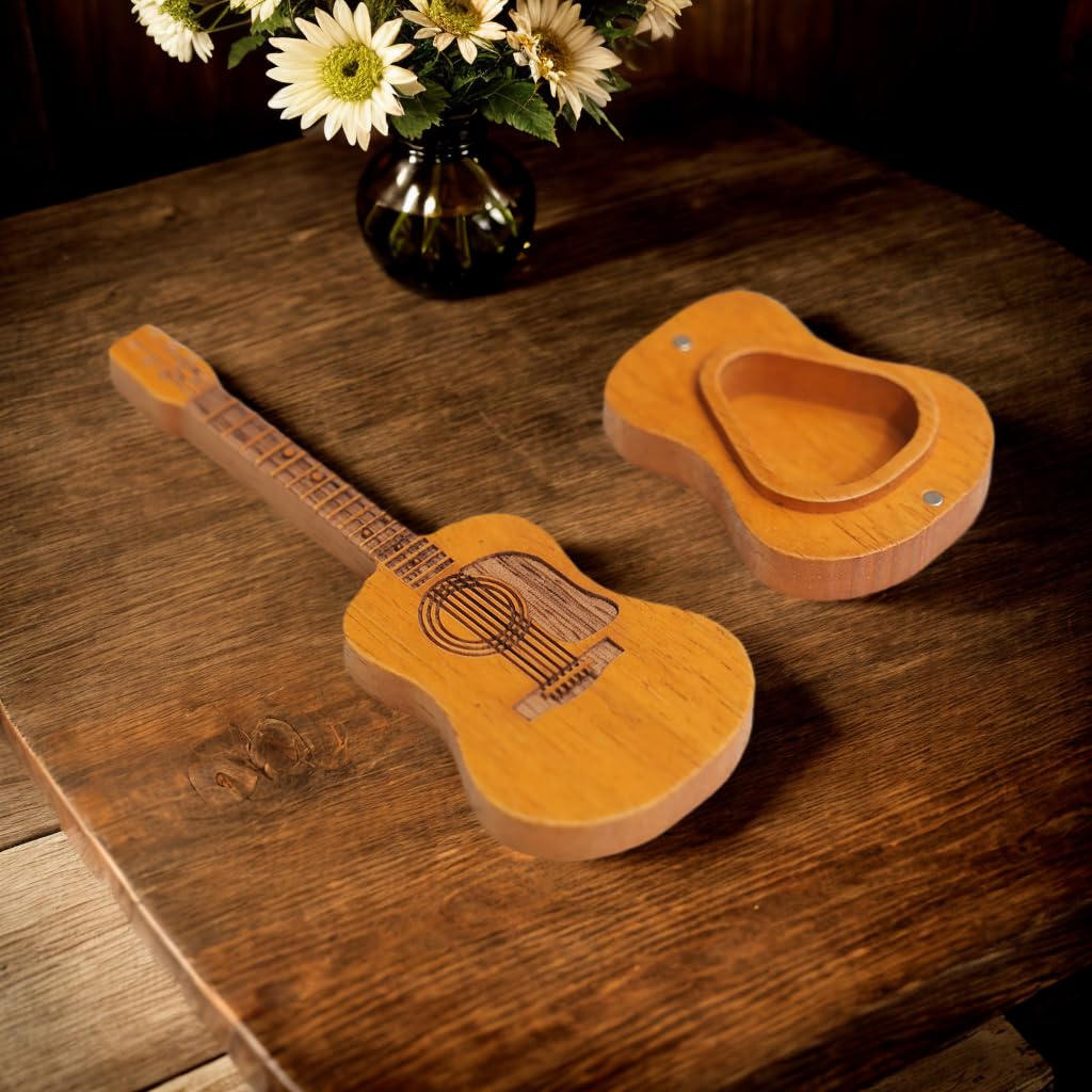 Wooden guitar pick case, with stand, wooden acoustic guitar pick box，3 wooden guitar picks, guitar shape replica guitar pick case, suitable for bass guitar ukulele lovers guitar pick case. - Image 4