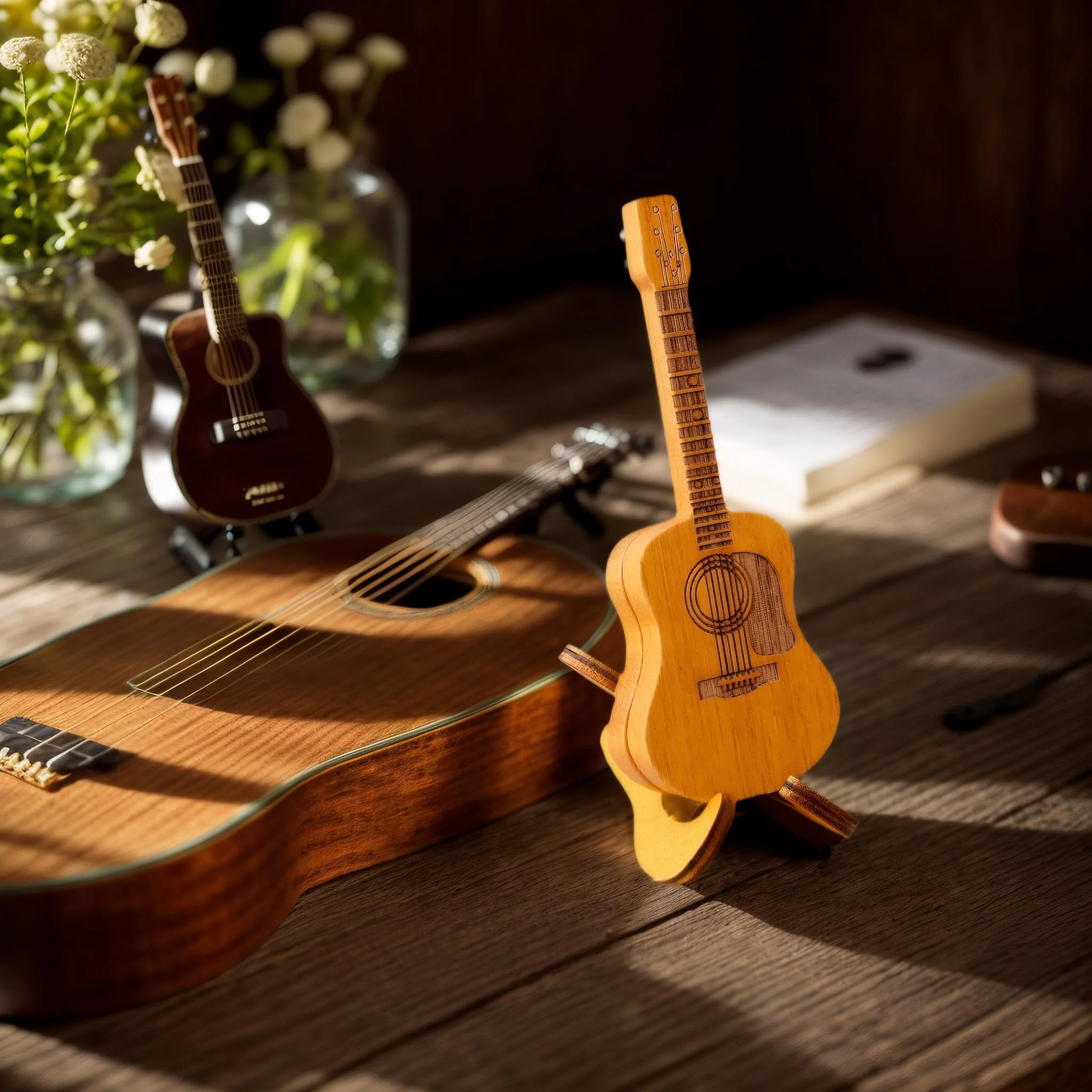 Wooden guitar pick case, with stand, wooden acoustic guitar pick box，3 wooden guitar picks, guitar shape replica guitar pick case, suitable for bass guitar ukulele lovers guitar pick case. - Image 5