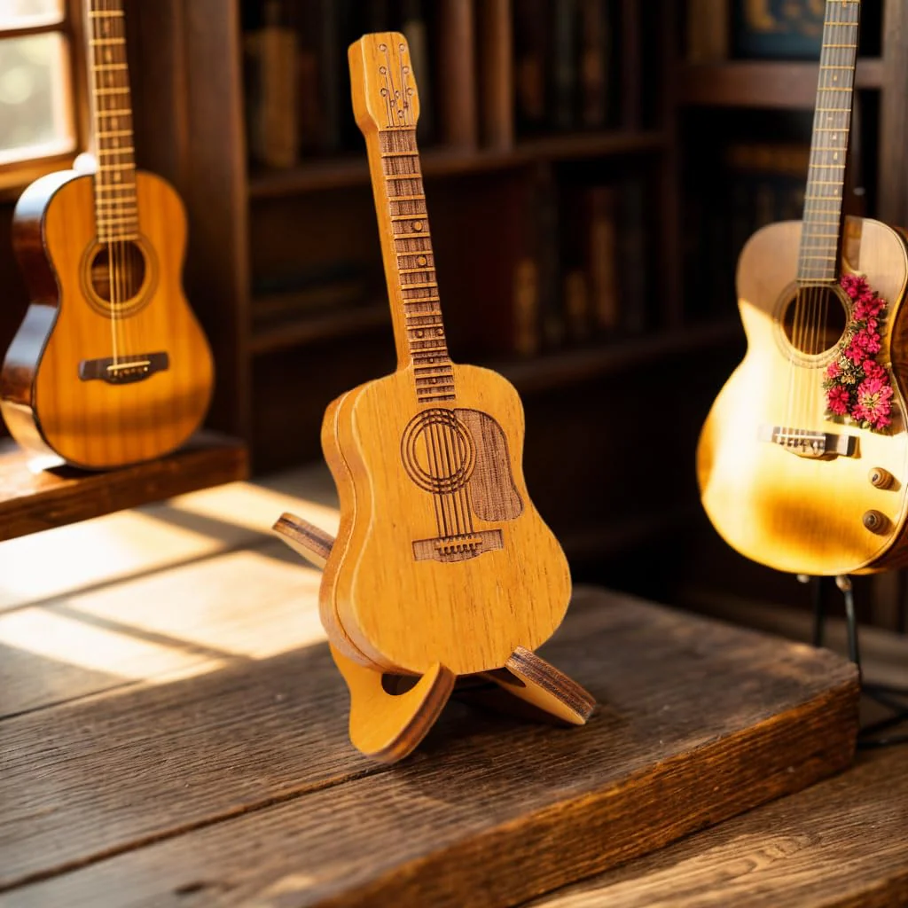 Wooden guitar pick case, with stand, wooden acoustic guitar pick box，3 wooden guitar picks, guitar shape replica guitar pick case, suitable for bass guitar ukulele lovers guitar pick case. - Image 6