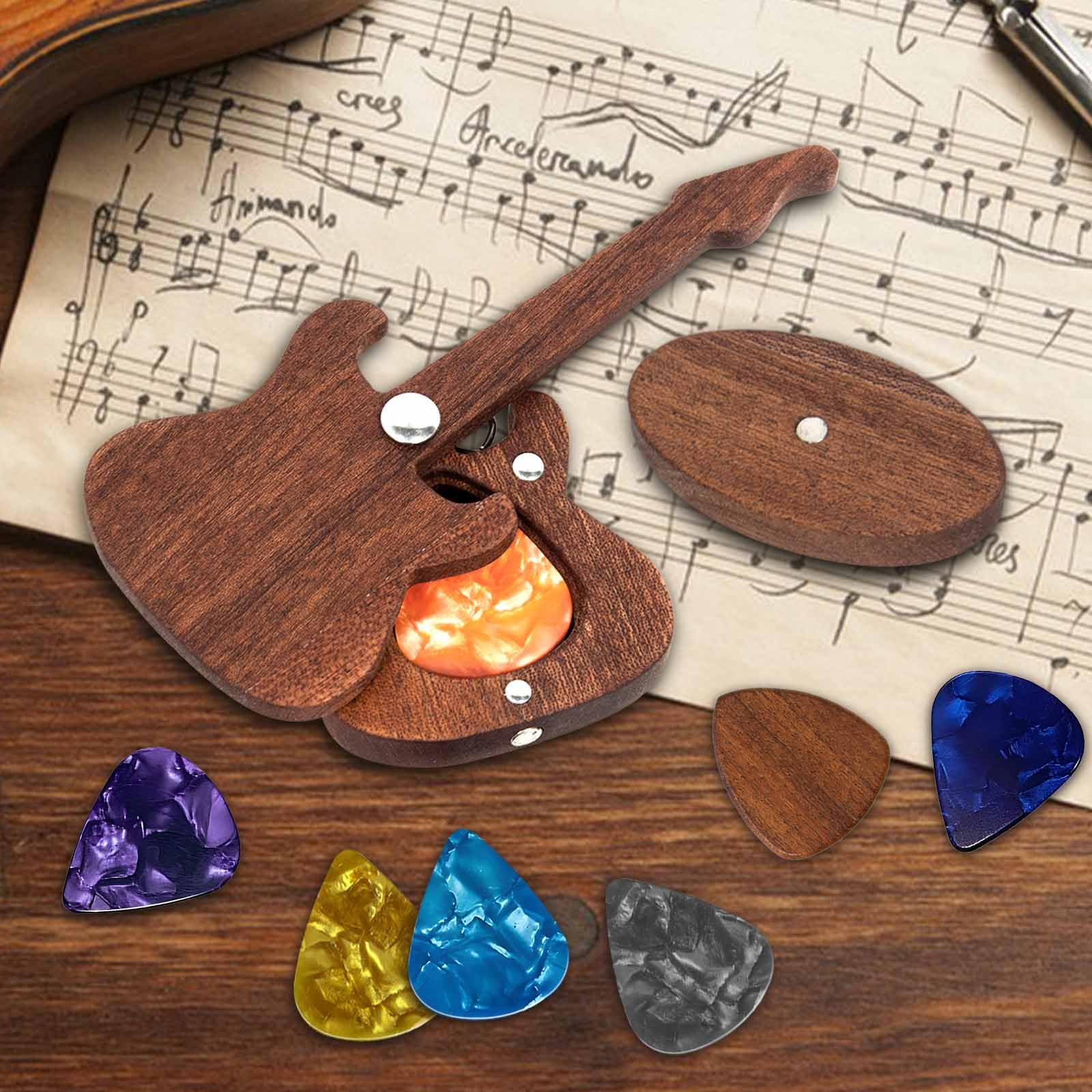 Wooden Guitar Pick Holder with Guitar Picks Guitar Pick Display Holder Guitar Keychain Home Decor Gifts for Christmas Birthday Valentines Anniversary Brown - Image 5
