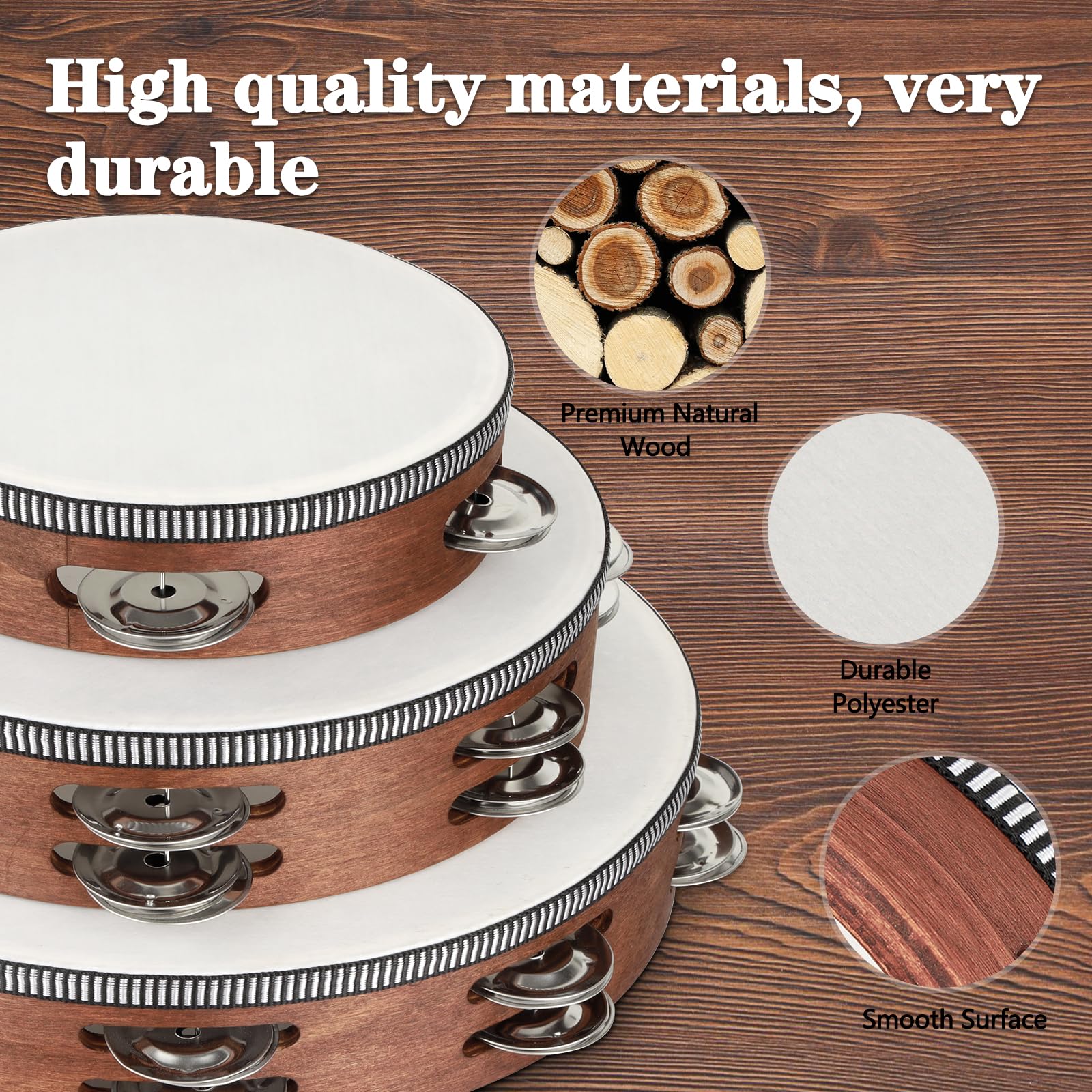 Wooden Hand Held Percussion Tambourine with Storage Bag - 6+8+10 Inches, Ideal for Church, Wedding, Party, Dance, Photo Shoot 6"+8"+10" - Image 2
