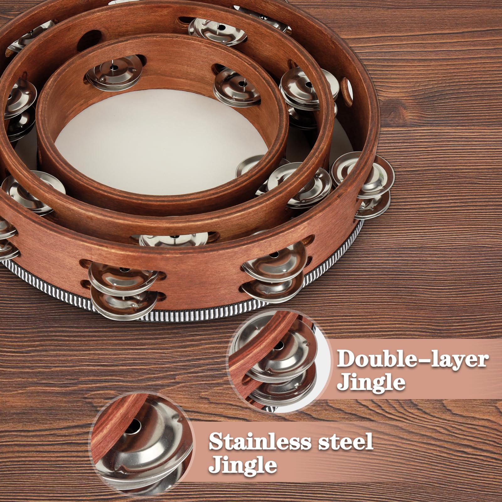 Wooden Hand Held Percussion Tambourine with Storage Bag - 6+8+10 Inches, Ideal for Church, Wedding, Party, Dance, Photo Shoot 6"+8"+10" - Image 3