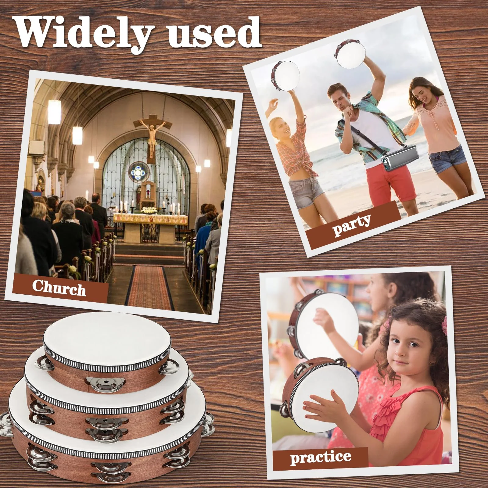 Wooden Hand Held Percussion Tambourine with Storage Bag - 6+8+10 Inches, Ideal for Church, Wedding, Party, Dance, Photo Shoot 6"+8"+10" - Image 4