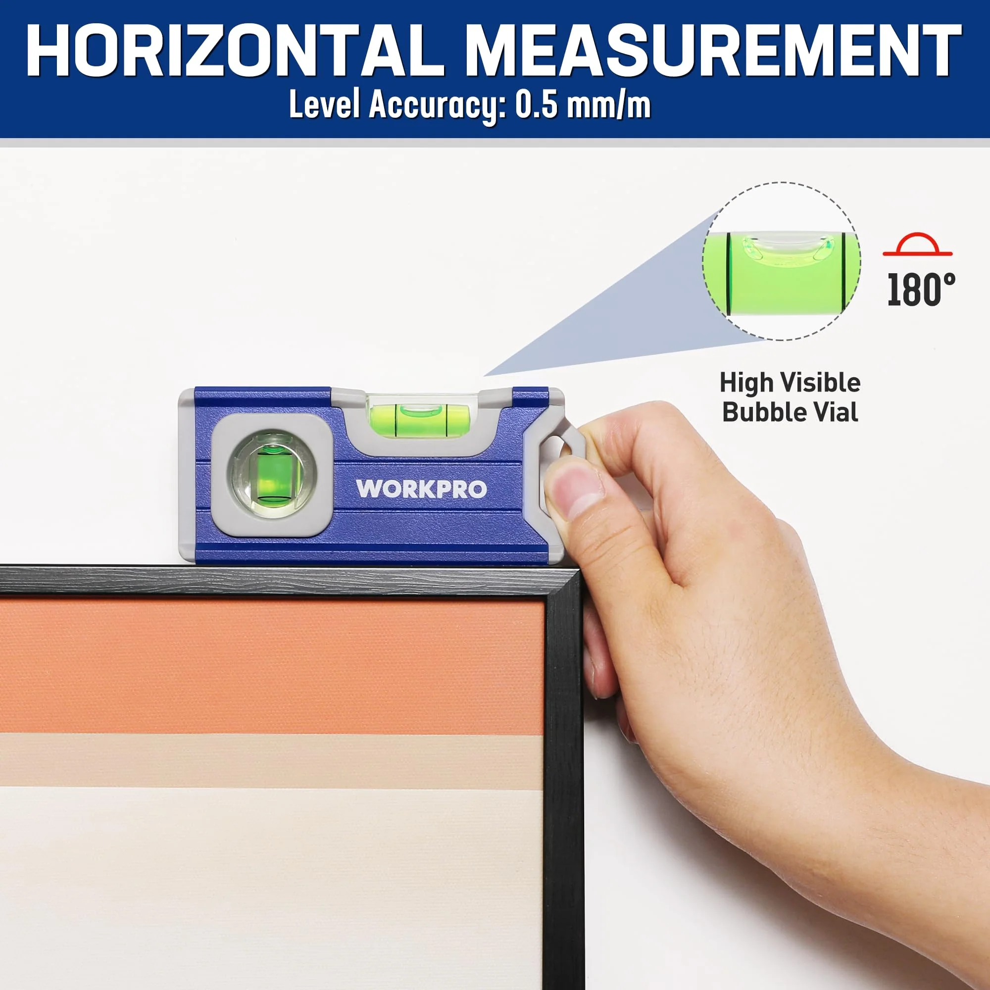 WORKPRO Magnetic Spirit Level 115 mm, Mini Spirit Level with 2 Vials 90°/180°, Magnetic Spirit Level with Hanging Hole, Aluminum Alloy Body, Strong Magnet, Grooved Design for Builders - Image 3
