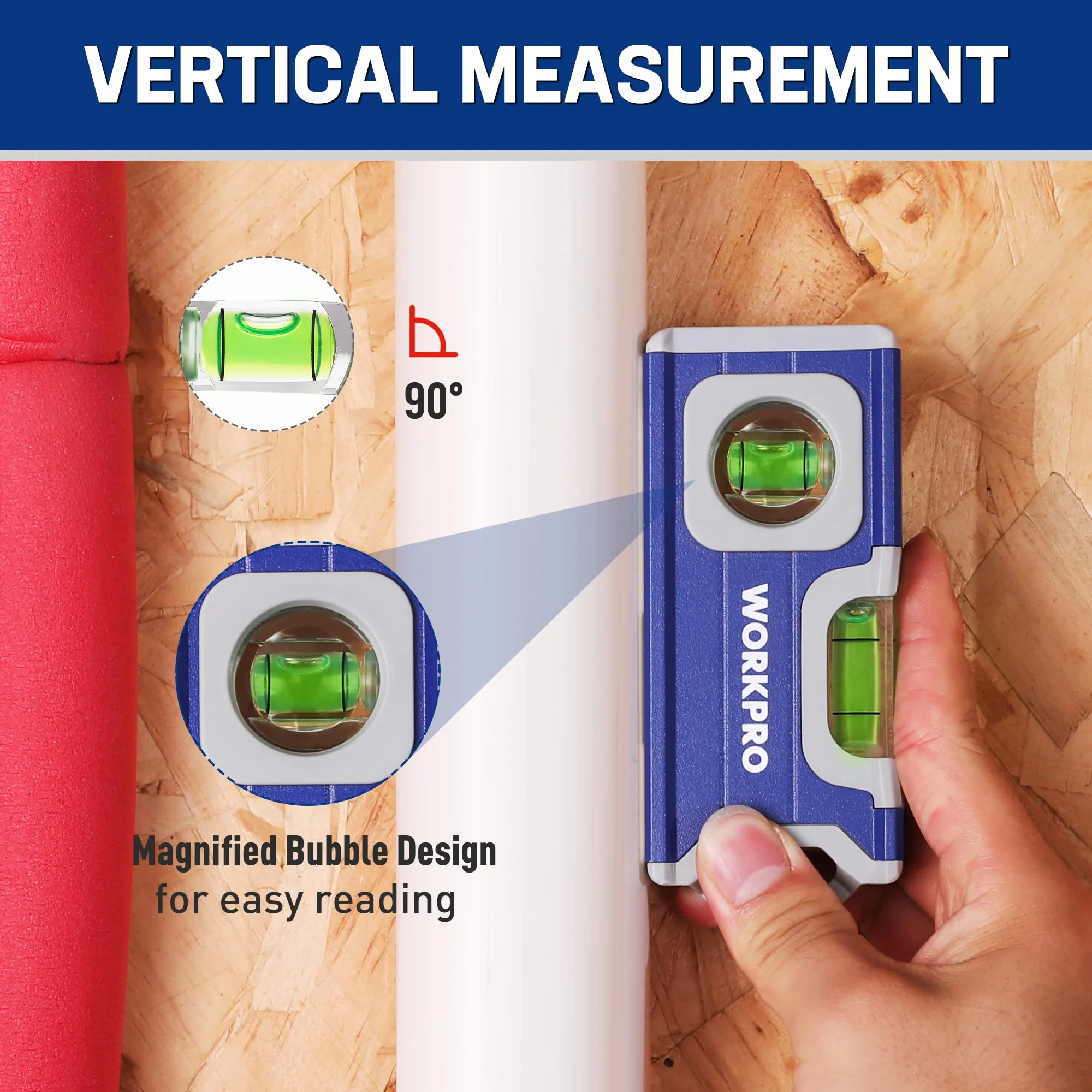 WORKPRO Magnetic Spirit Level 115 mm, Mini Spirit Level with 2 Vials 90°/180°, Magnetic Spirit Level with Hanging Hole, Aluminum Alloy Body, Strong Magnet, Grooved Design for Builders - Image 4