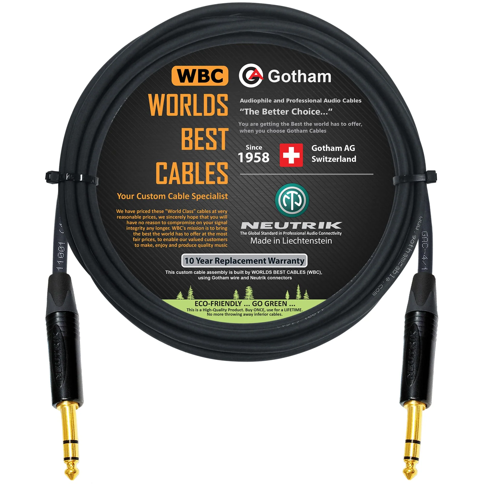 WORLDS BEST CABLES 15 Foot - Gotham GAC-4/1 (Black) - Star Quad - 2xShielded (100% Coverage) Balanced Patch Cable w/Neutrik NP3X-B ¼ Inch (6.35mm) TRS Plugs - Custom Made