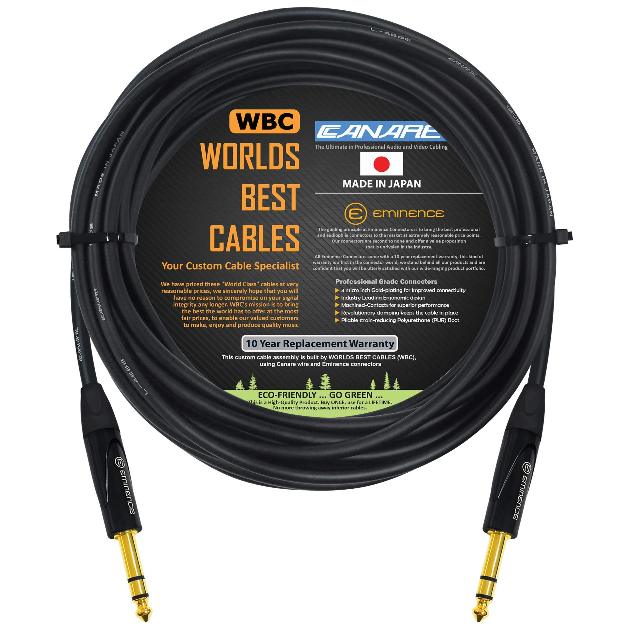 WORLDS BEST CABLES 18 Foot - Canare L-4E6S, Star Quad Balanced TRS Patch Cable with Eminence Gold E502 TRS Stereo Plugs - Custom Made