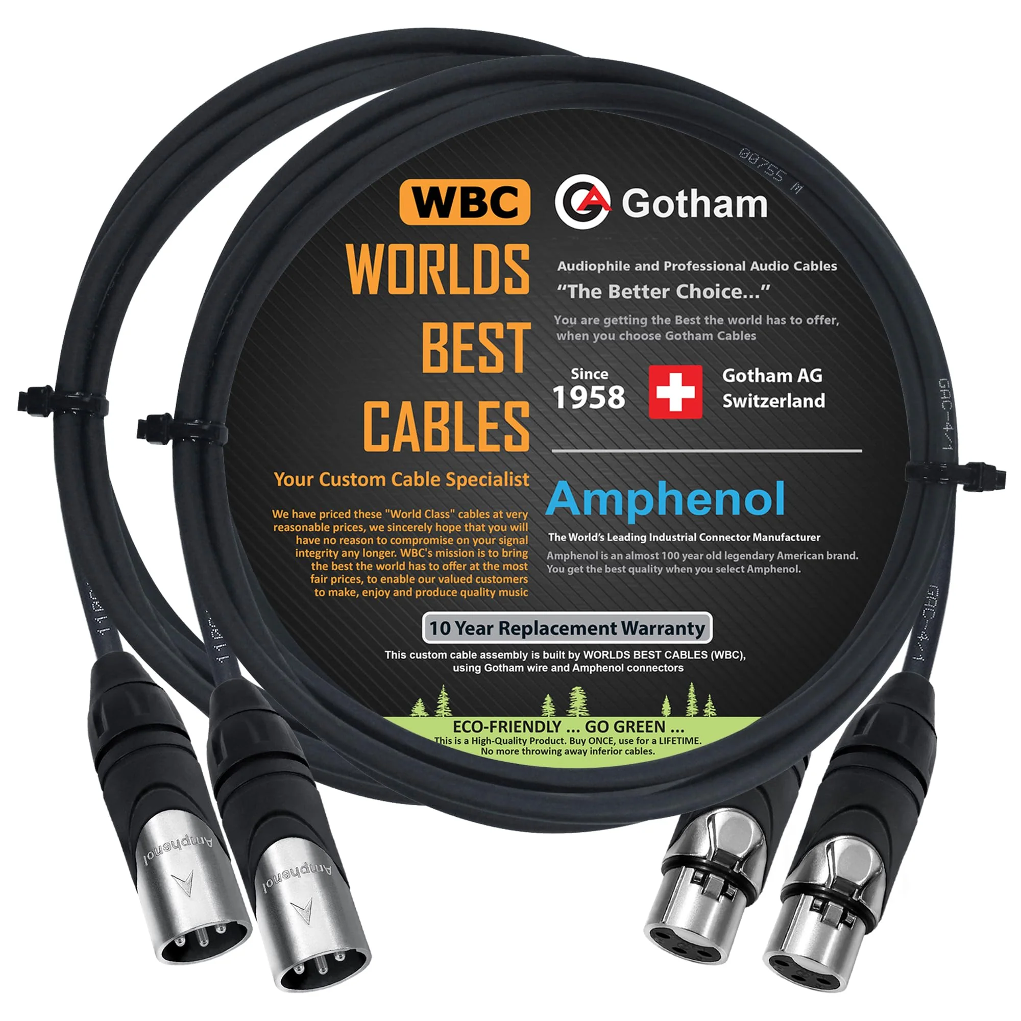 WORLDS BEST CABLES 2 Units - 4 Foot - Gotham GAC-4/1 (Black) - Star Quad, Dual Shielded Balanced Male to Female Microphone Cables with Amphenol AX3M & AX3F Silver XLR Connectors - Custom Made