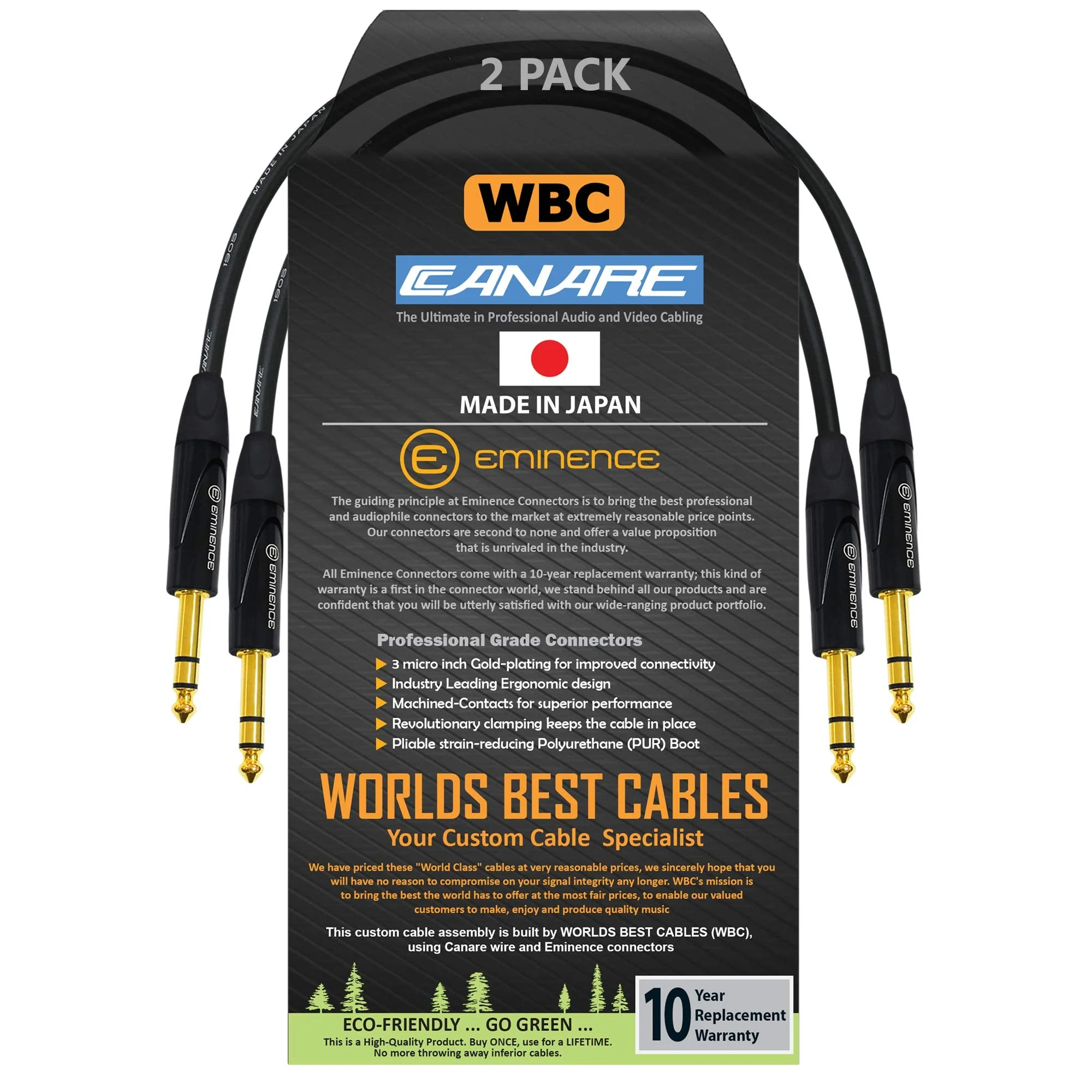 WORLDS BEST CABLES 2 Units - 6 Inch - Canare L-4E6S, Star Quad Balanced TRS Patch Cable with Eminence Gold E502 TRS Stereo Plugs - Custom Made